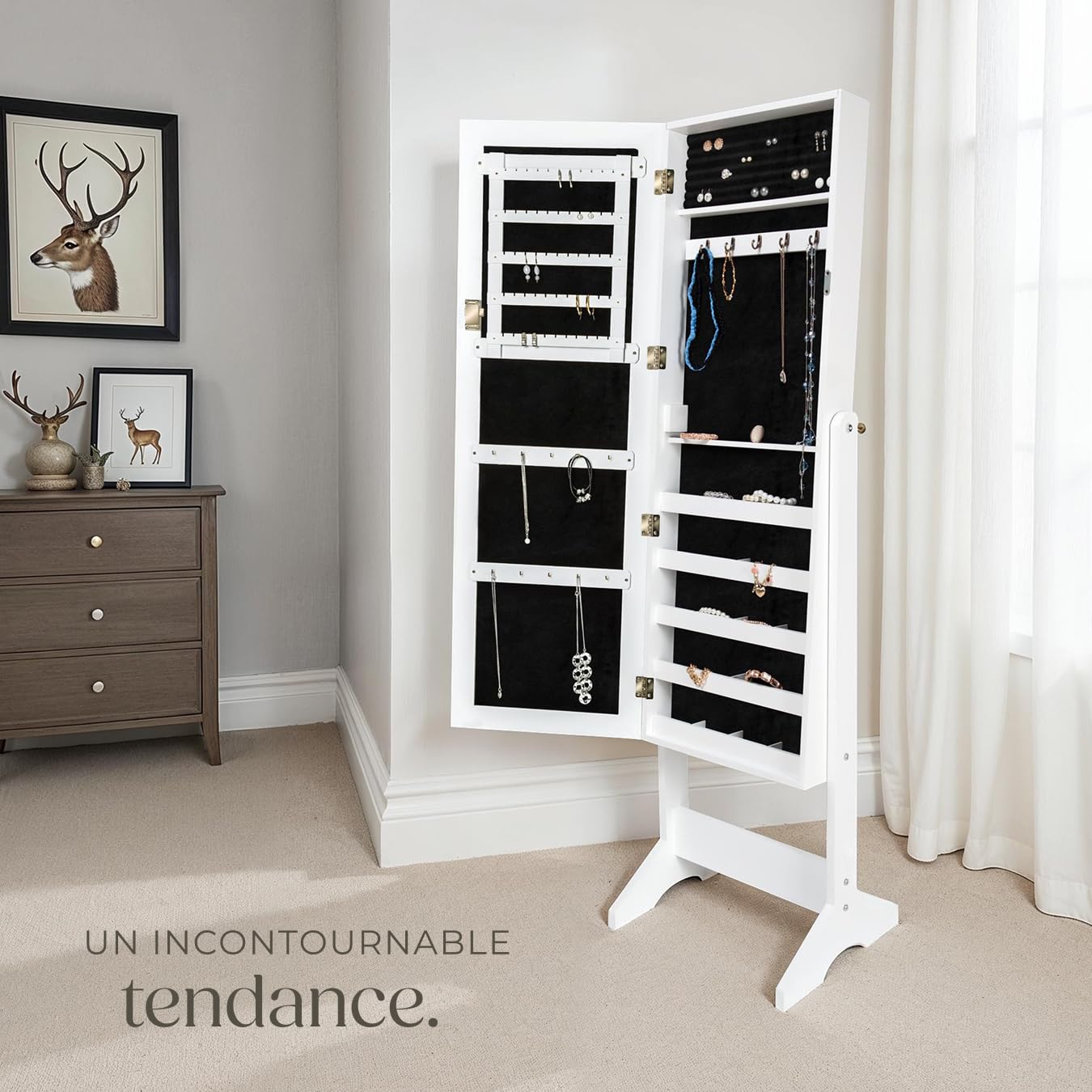 TecTake® Armoire à bijoux avec Miroir intégré, 147 x 45 x 37 cm, Miroir sur pied, Armoire Chambre Dressing Porte Bijoux Femme Collier Boucles d'oreille Bague Meuble Chambre Coffret bijou, Blanc