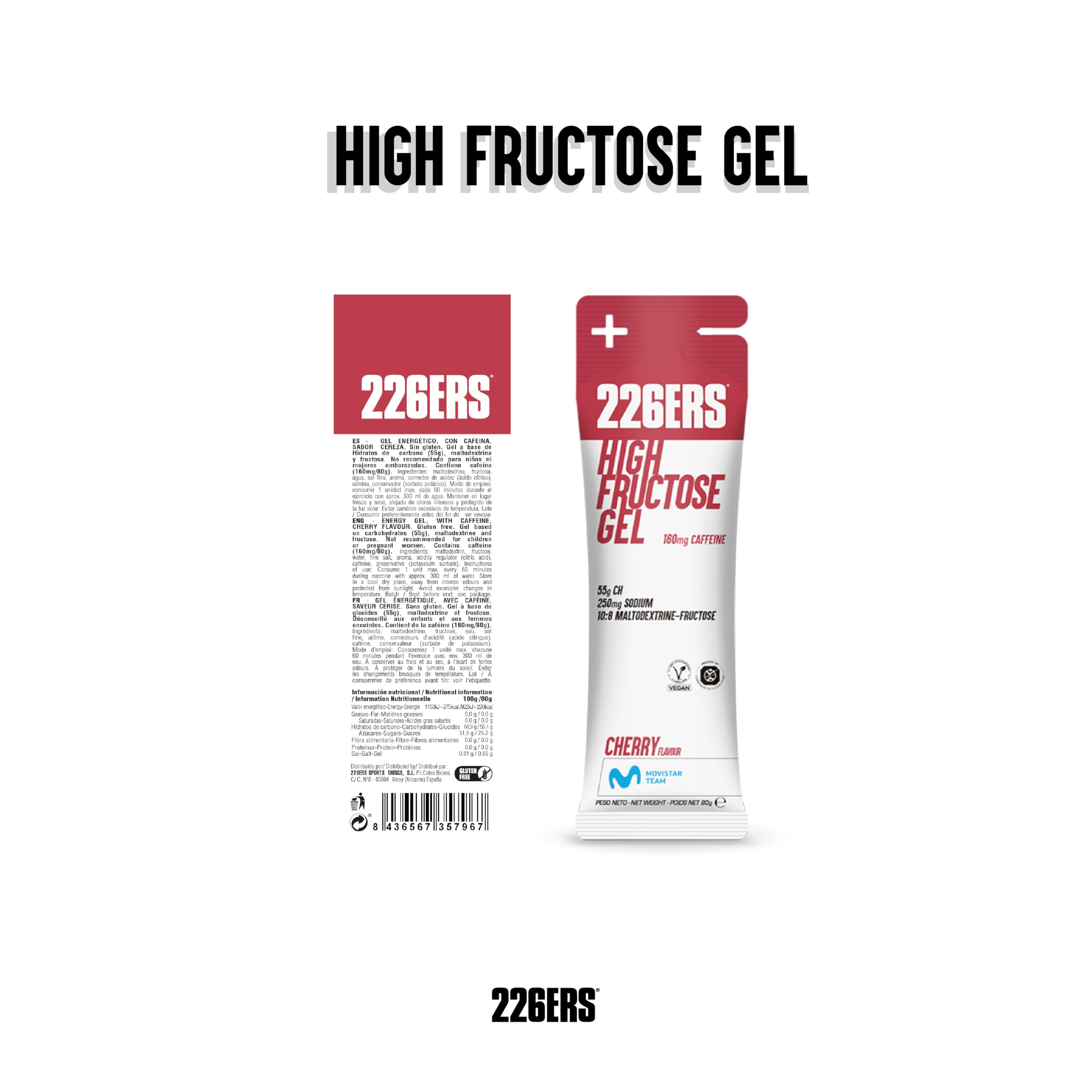 226ERS - High Fructose Gel, Energiegel für Sportler, mit Maltodextrin und Fruktose, mit 100 mg Koffein, Vegan und Glutenfrei, Kohlenhydratzufuhr, Geschmack Kirsche, 24 Gele x 80 g