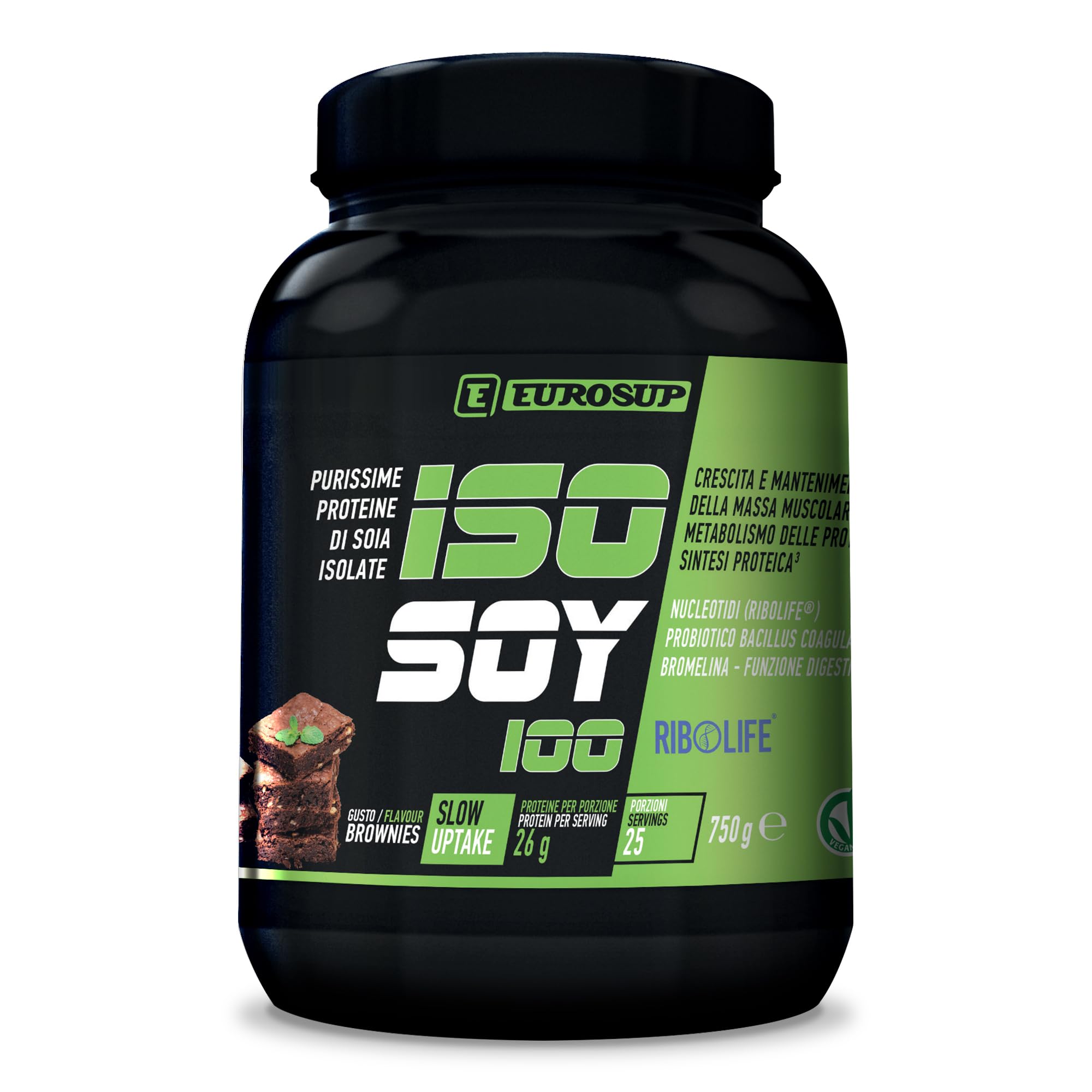 ISO SOY 100-750g - Brownies - Purissime proteine di soia isolate con Nucleotidi (RIBOLIFE®) e Probiotico Bacillus Coagulans