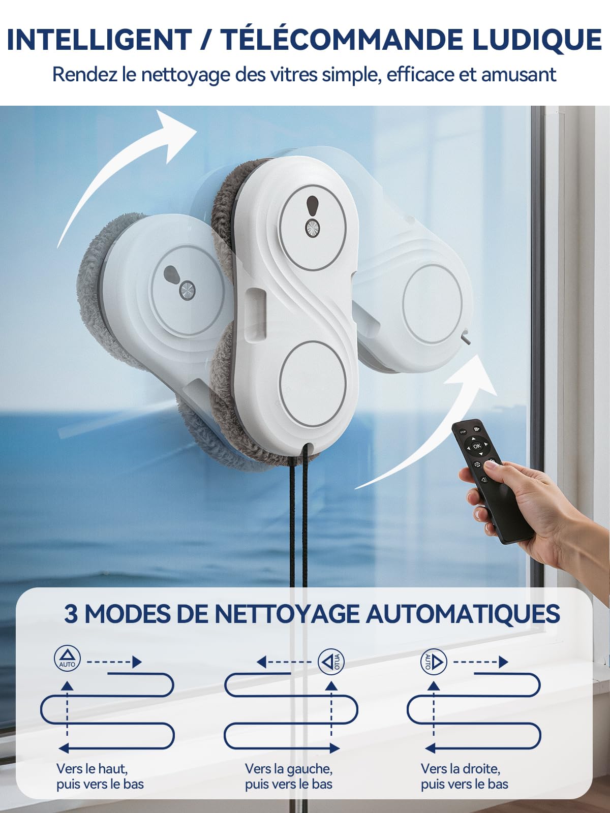 Robot Laveur De Vitre Automatique, 7000 Pa Aspiration, Moteur à Turbine, Nettoyage en Double Hélice, 63 mm Ultra-Fin, Nettoyeur Vitres électrique - WD12D
