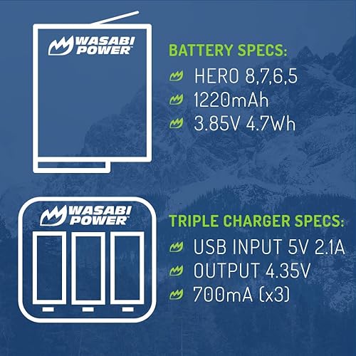 Miniatura 4 de Wasabi Power Batería (paquete de 4) y cargador triple de repuesto para GoPro Hero 8 Negro (todas las características disponibles), Hero 7 Black,