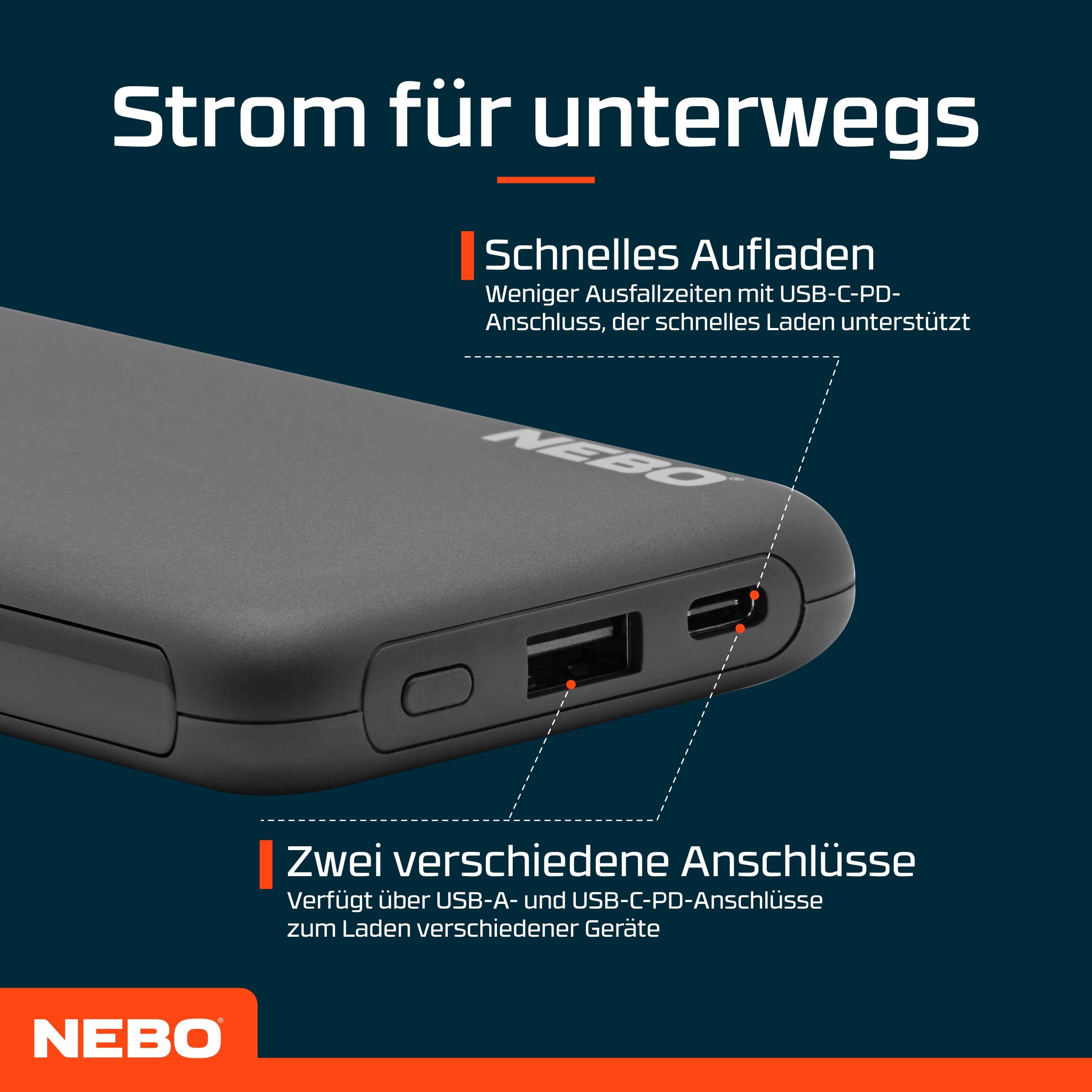 NEBO 10k Powerbank, przenośna bateria zewnętrzna z szybkim ładowaniem, ładowarka do telefonu USB-C (pojemność 10 000 mAh, z przewodem)