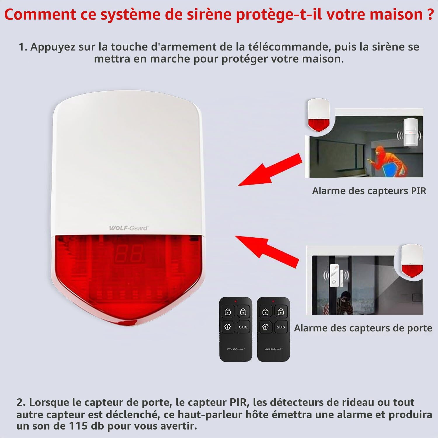 Wolf Guard LB-01A Système d'alarme de sécurité 110dB indépendant | Pour garage / chantier / porche, Avec télécommande, Détecteur de mouvement, Base indépendante