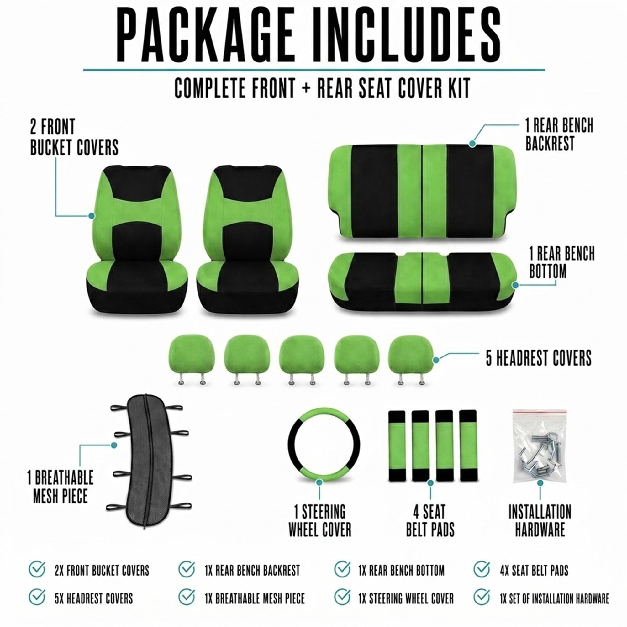 FH GROUP FB030GREEN-COMBO Autositzbezüge, universelle Passform, Kombi-Set mit Lenkradbezug und Sicherheitsgurtpolster, für die meisten Pkw, SUV, LKW, Airbag-kompatibel, Geteilte Rückbank, Grün