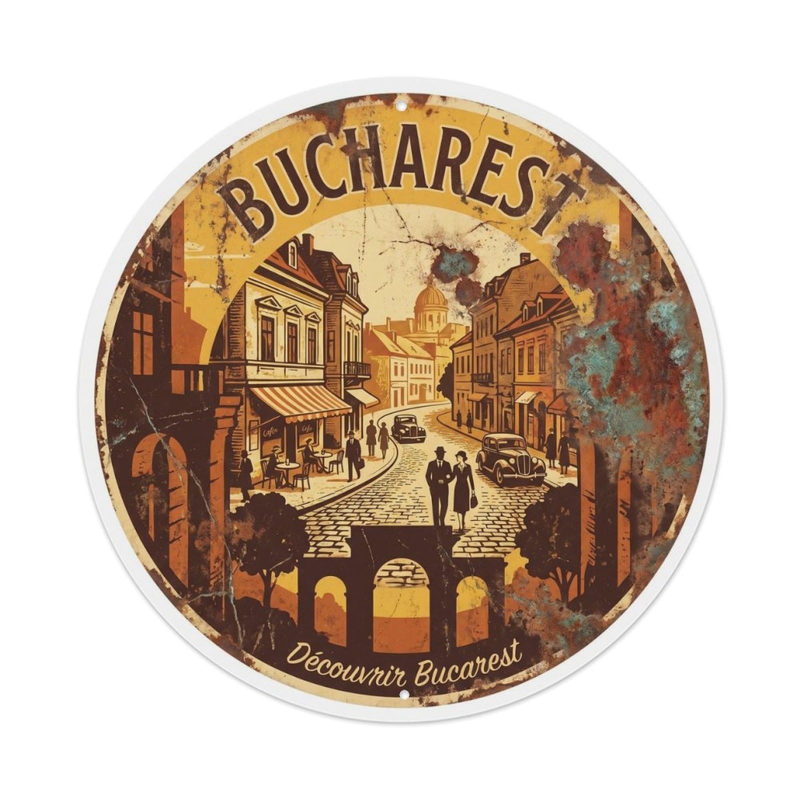 Fqcyn Style Vintage Travel Bucharest Oldtown Sightseeing Metal Tin Sign