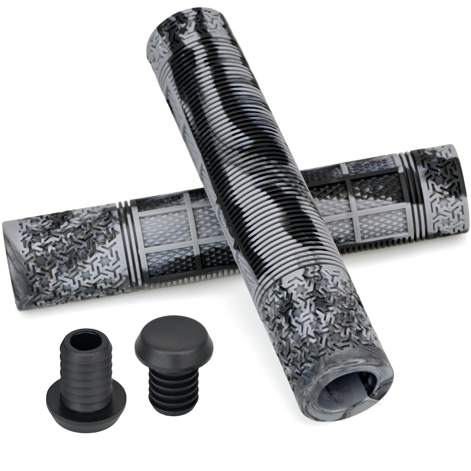 Tie-Dye Bike Handlebar Grips, Non-Slip Soft Rubber, Ribbed Surface, Universal 22.2mm for MTB, BMX, Scooter, Mountain Hybrid Bicycle (Grey Black)