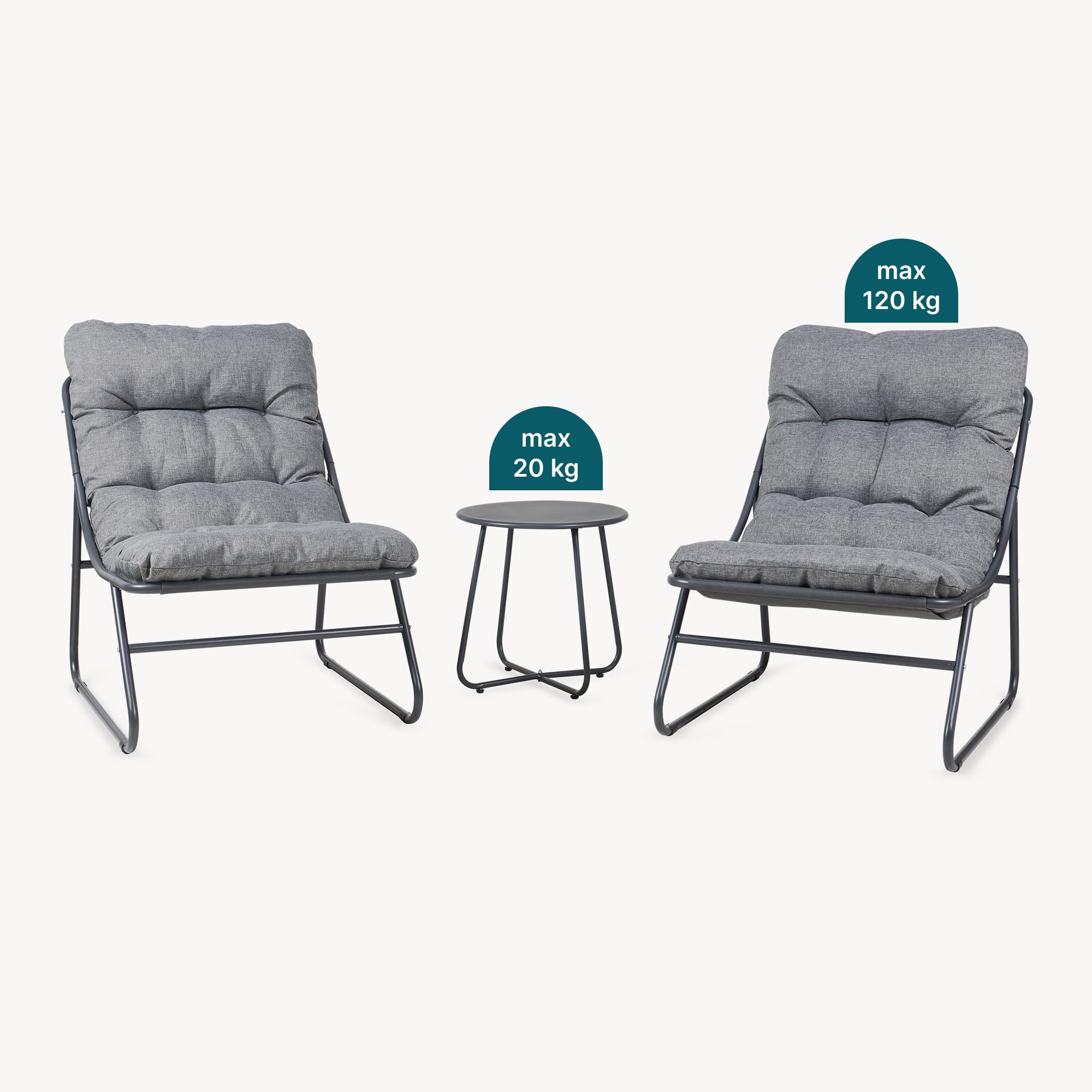 casa.pro Conjunto Mesa y Sillas Jardín Malmö Mueble Terraza con Mesa Redonda y 2 Sillones con Cojines y Respaldo Juego de Muebles de Jardín Exterior 2 Plazas Material Resistente - Gris Oscuro
