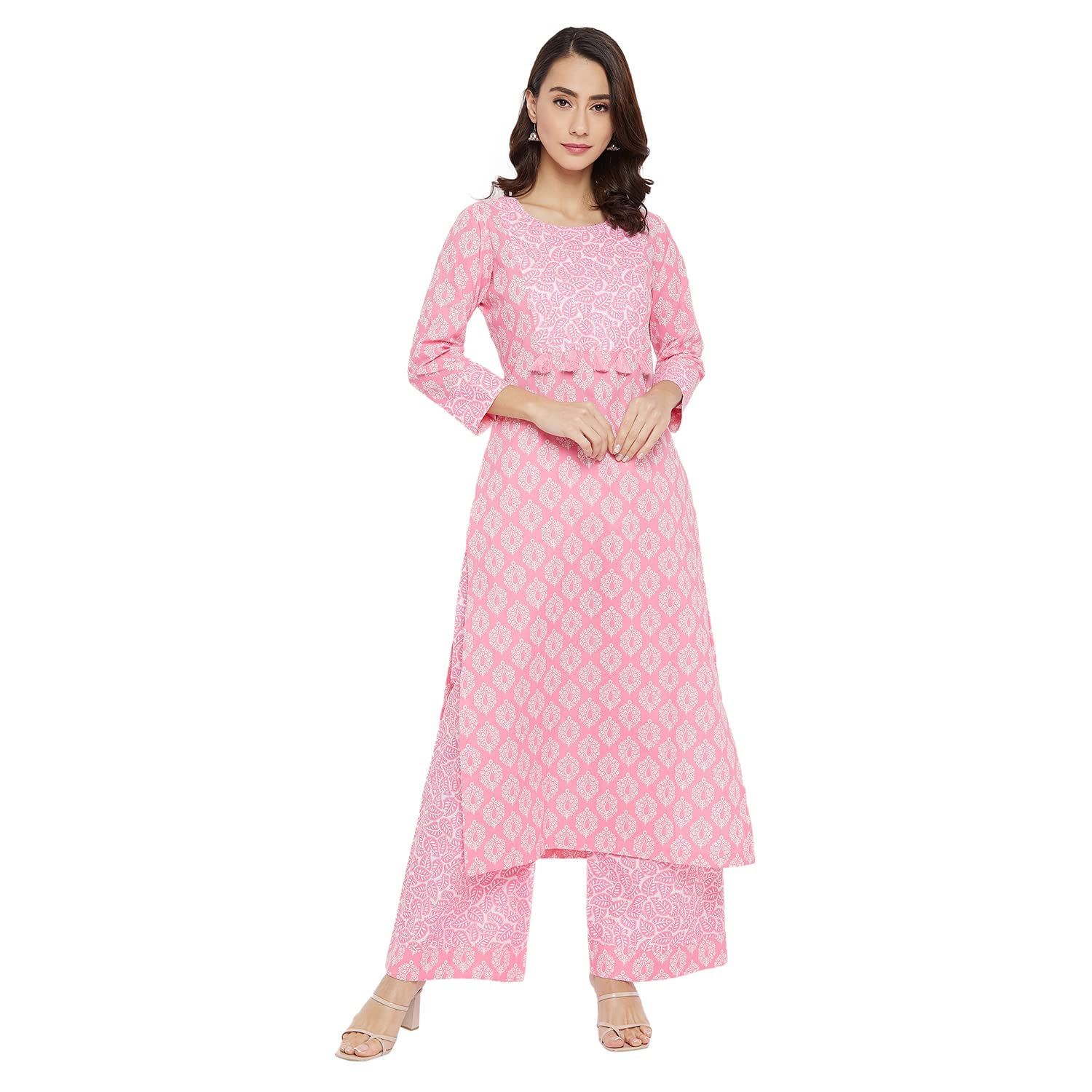 Tissu Women's Cotton Pink & White Floral Printed Kurta With Palazzo (Tis-606_Pink_S)