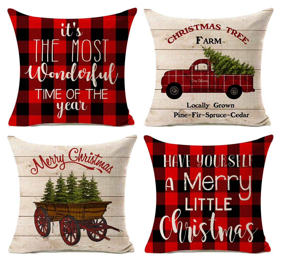 Kithomer Christmas Decorations Pillow Covers Set of 4 Christmas Buffalo Plaid Farmhouse Decor Throw Pillow Cases Retro Truck Cushion Cover 18 x 18 Inch Home Decoration