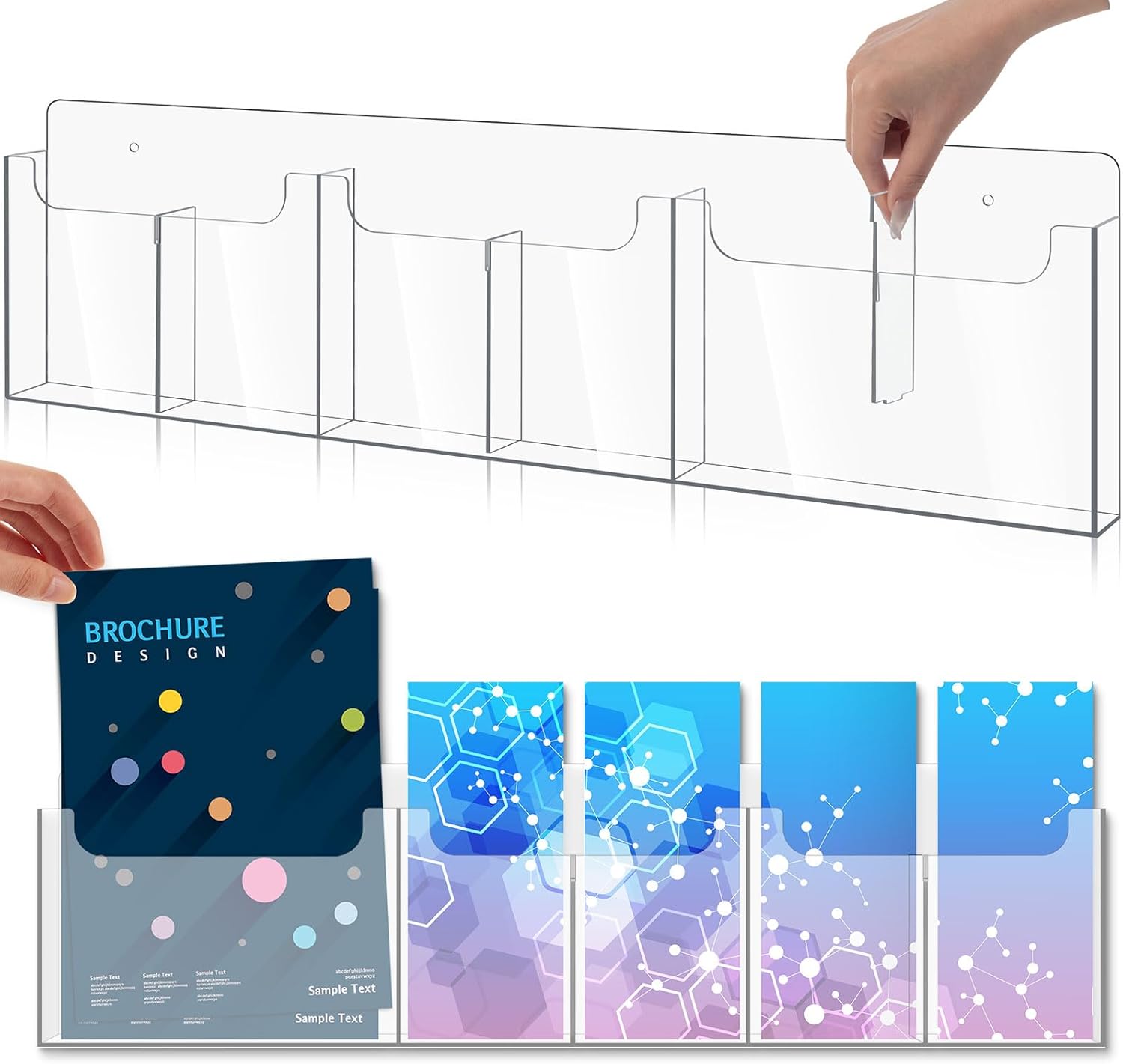 Sherr Acrylic Brochure Pamphlet Holder Wall Mount 26.7'' x 7'' Clear Magazine Holder 6 Pockets Brochure Display Stand with Removable Divider for 4'' x 9'', 8.5" x 11" Literature Pamphlet Flyer Holder