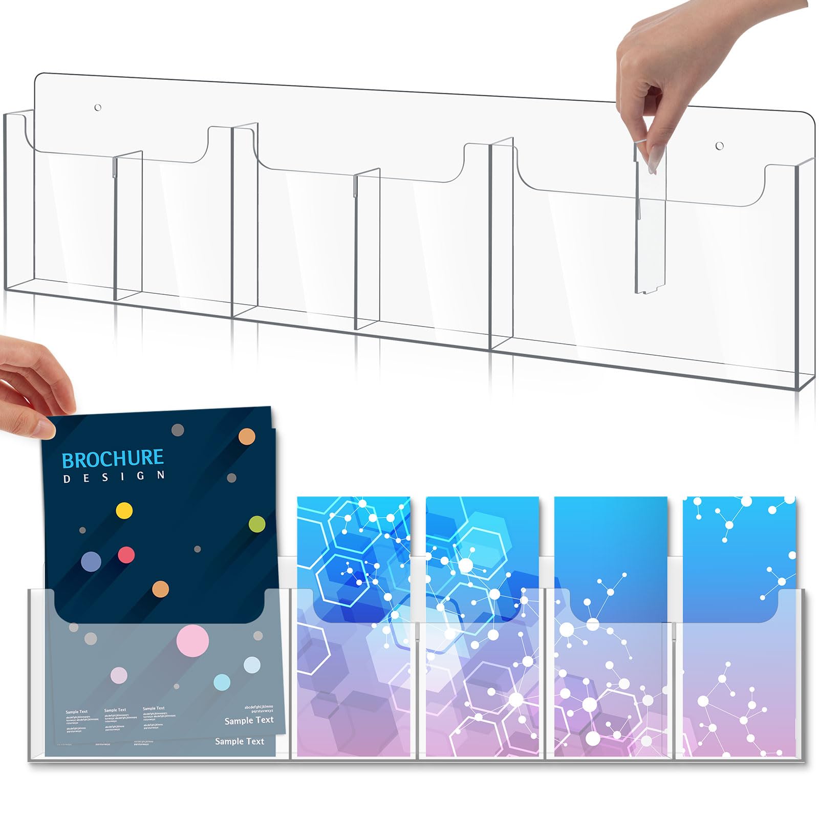 Sherr Broschürenhalter aus Acryl, Wandhalterung, 66,7 x 17,8 cm, transparenter Zeitschriftenhalter, 6 Taschen, Prospektständer mit herausnehmbarer Trennwand für 10,2 x 22,9 cm, 21,6 x 27,9 cm