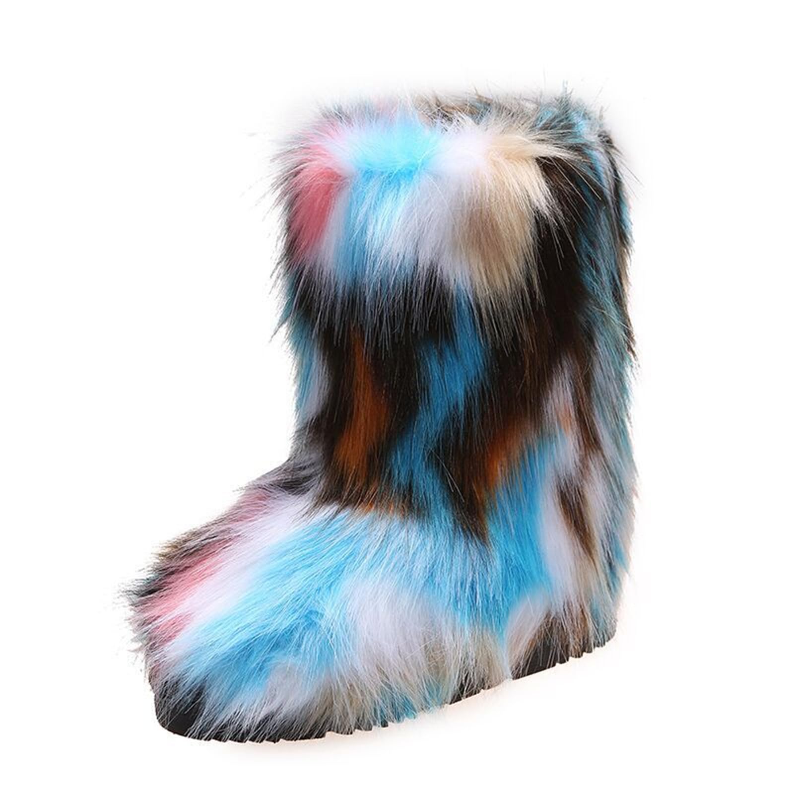 NIGXWNS Furry Faux Fur Boots for Women Outdoor Flat Shoes Winter Warm Fuzzy Fluffy Furry Ankle Boots Mid Calf Snow Booties