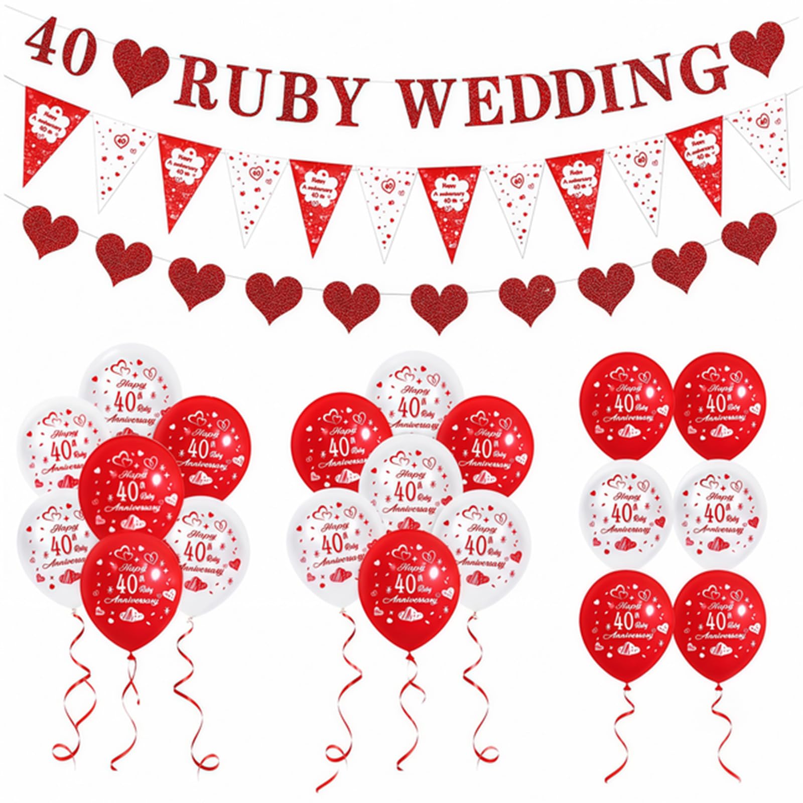 40th Wedding Anniversary Decorations, Ruby Wedding Anniversary Decorations Including White and Red Balloon Heart Shaped Banners Triangular Flags for 40 Wedding Party Decorations (Red-40th)