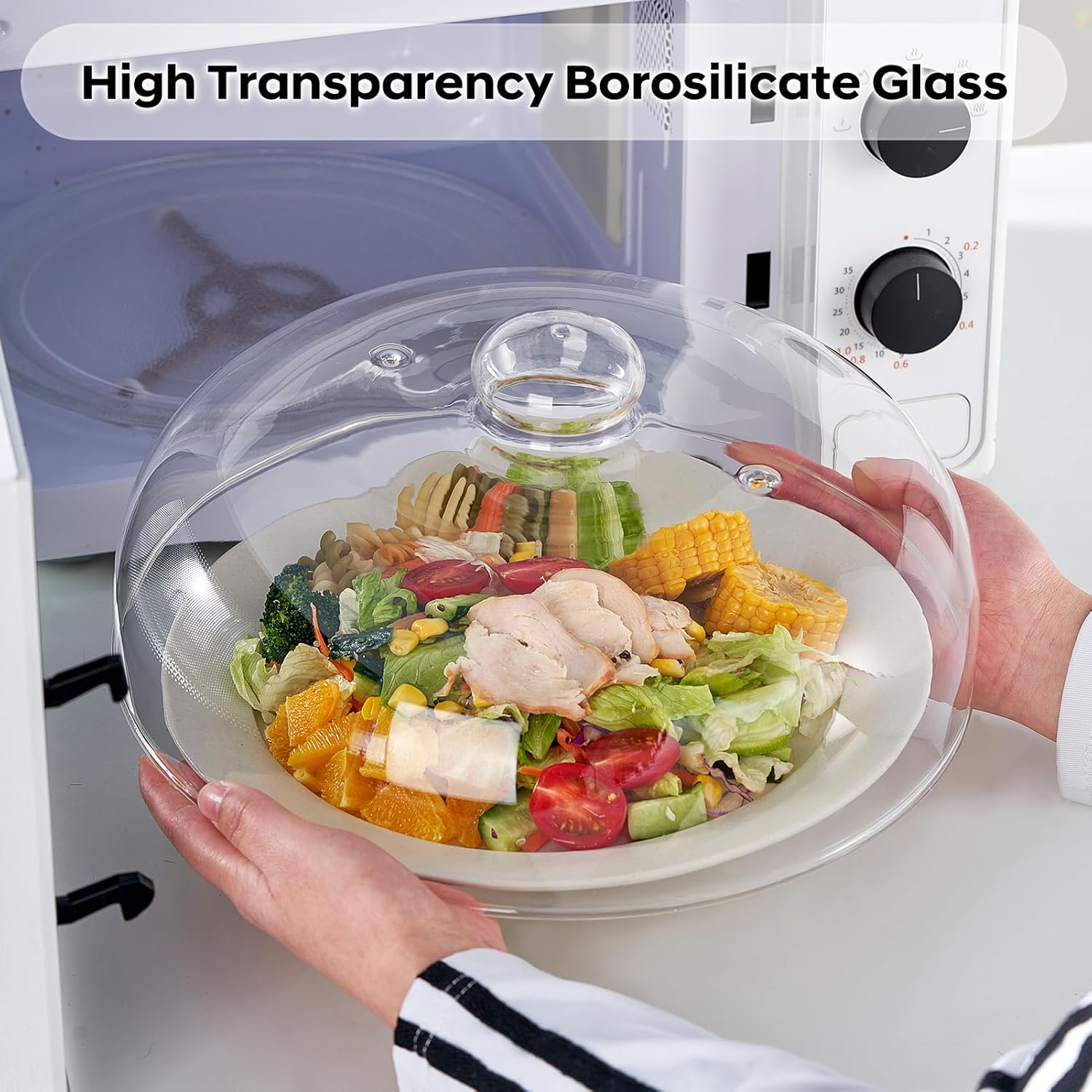 12 Inch Borosilicate Glass Microwave Splatter Cover for Food, All Glass Tall Splatter Guard Microwave Plate Light Serving Dish Covers Lid with Handle for Heating Food