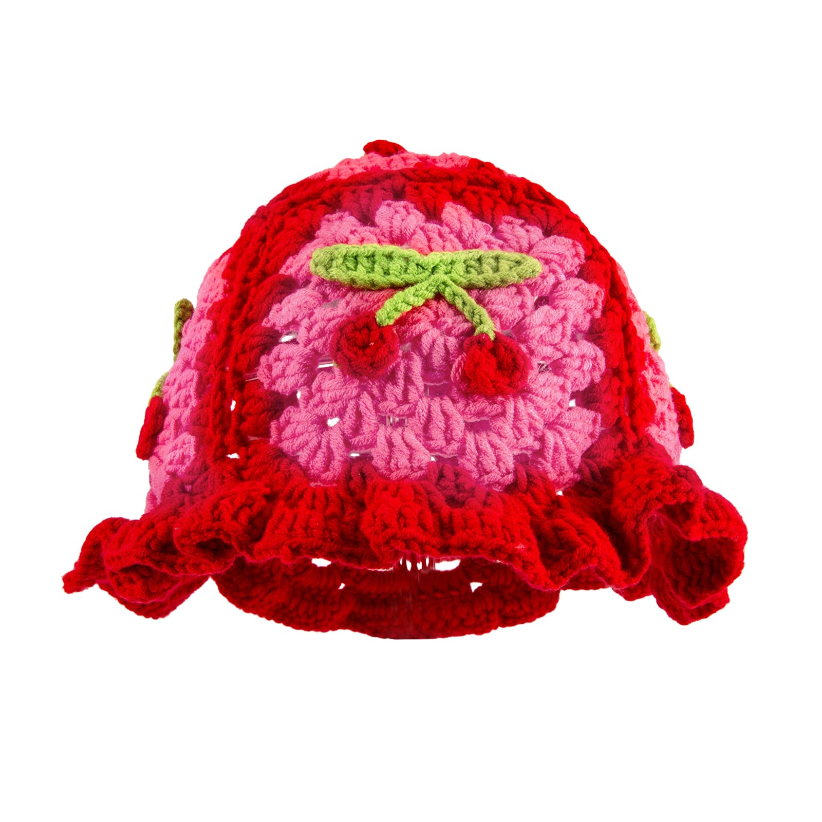 Women Crochet Bucket Hat Cute Summer Beach Knitted Hats Womens Handmade Knit Beanie Fashion Floral Cherry Trendy Boho Cap