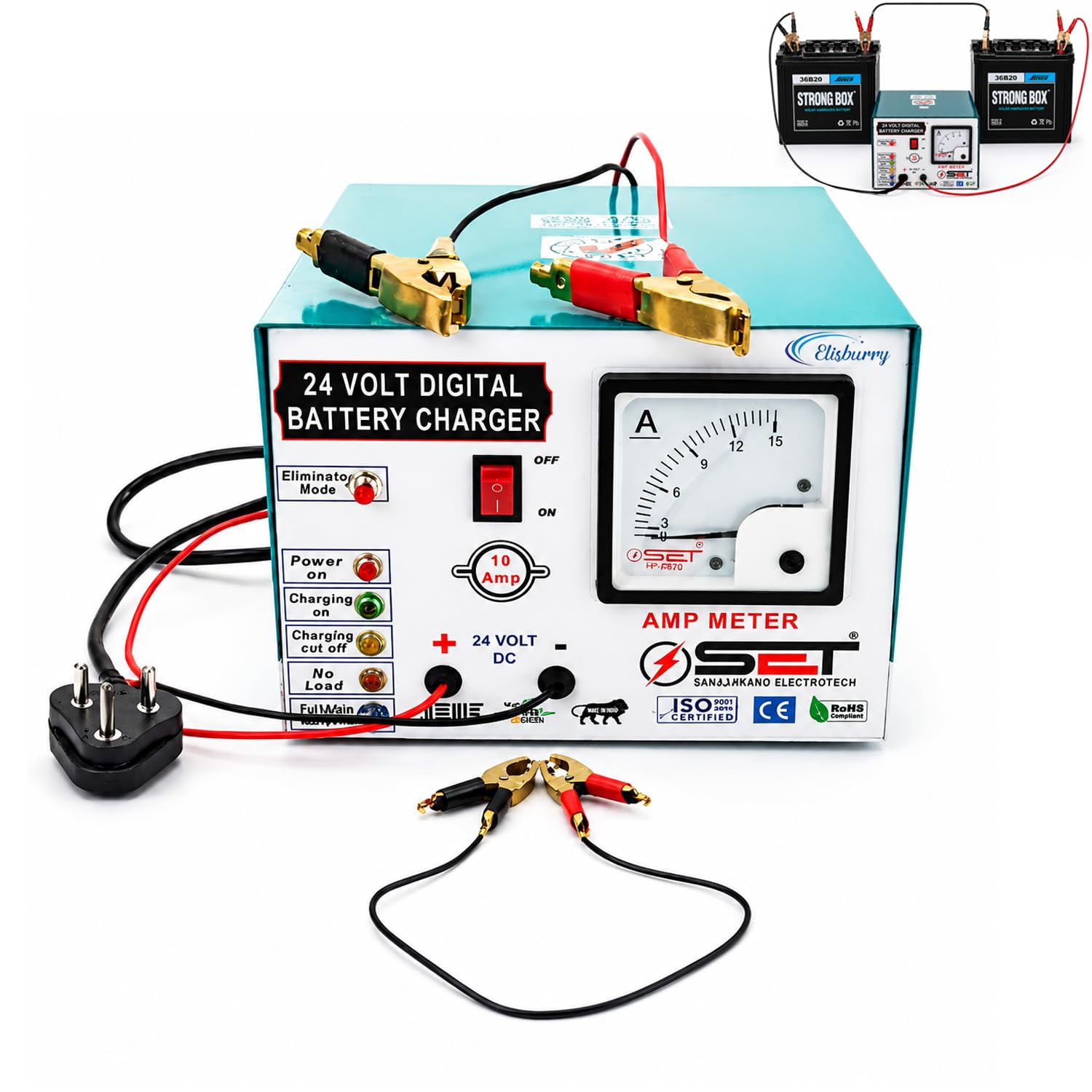 ELISBURRY 24V 10 Amp Auto Cut Double Battery Charger with Analog Amp Meter | Heavy Duty DC Charger for 2 x 12V Lead Acid Batteries | Overcharge Protection | Car, Tractor & Inverter Battery Charging-image-9