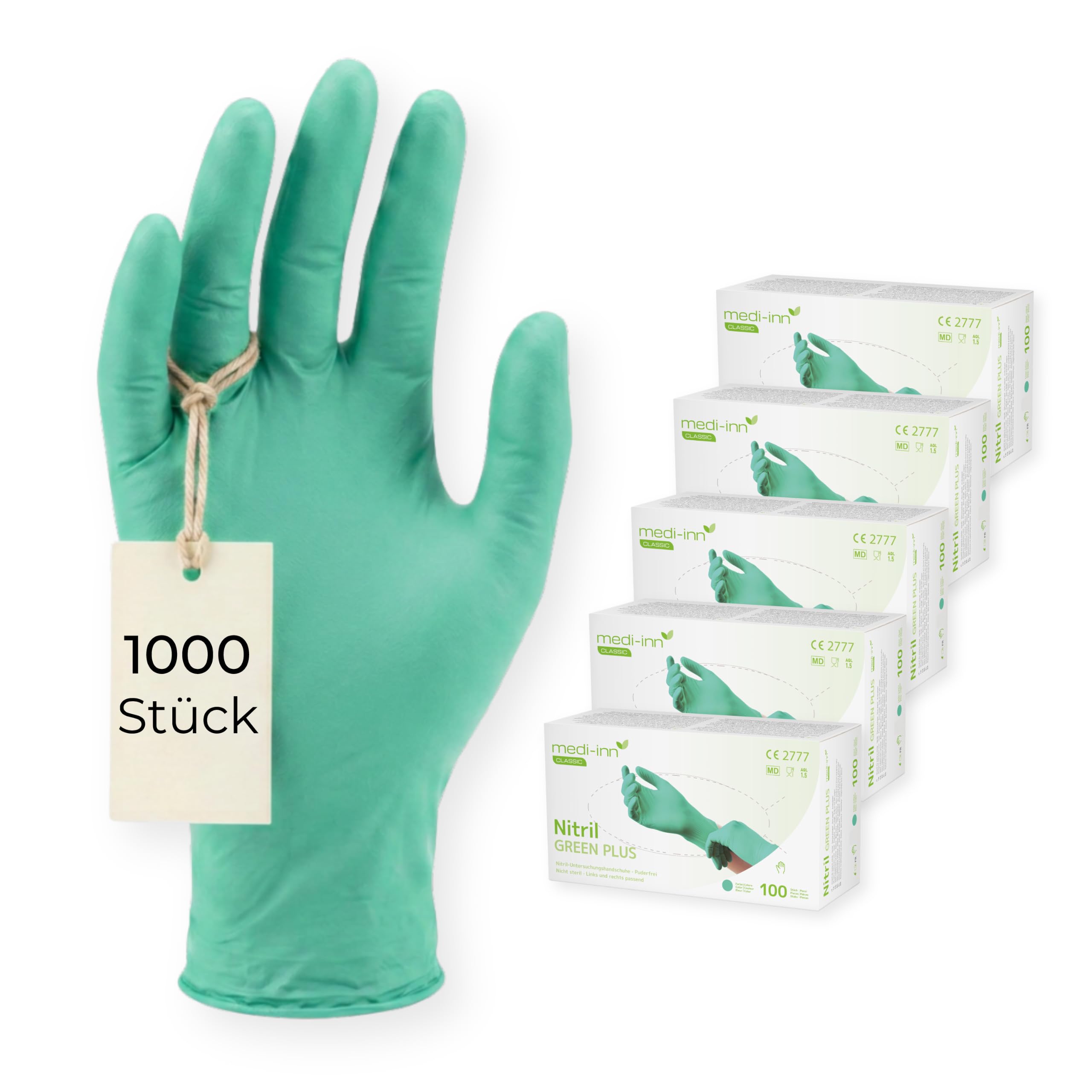 Medi-Inn Nitril GREEN PLUS Einmalhandschuhe, Gr. L, 10 x 100 Stück, puderfreie & latexfreie Einweghandschuhe, grün