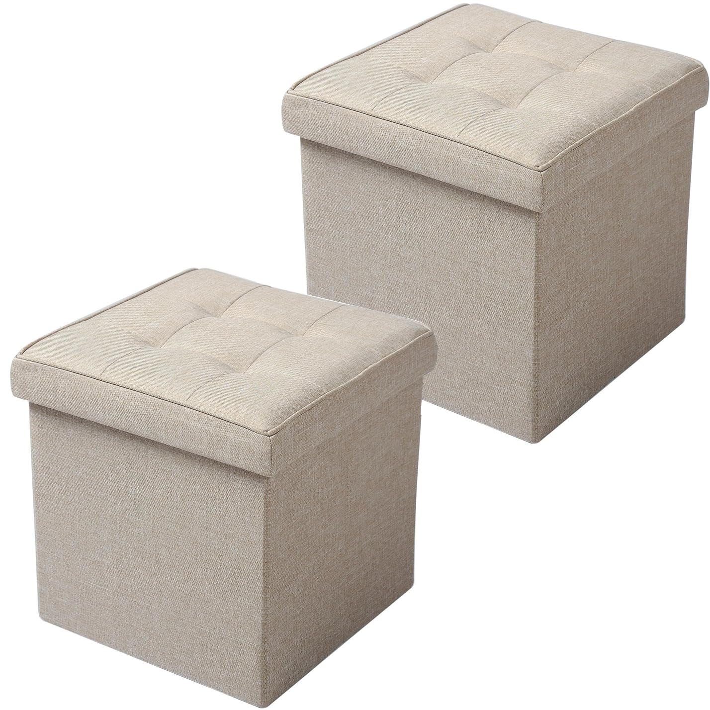WOLTU Juego de 2 Taburetes con Almacenamiento Plegable, Asiento de Lino Acolchado, Tapa Extraíble 37.5x37.5x38CM (LxWxH), Beige