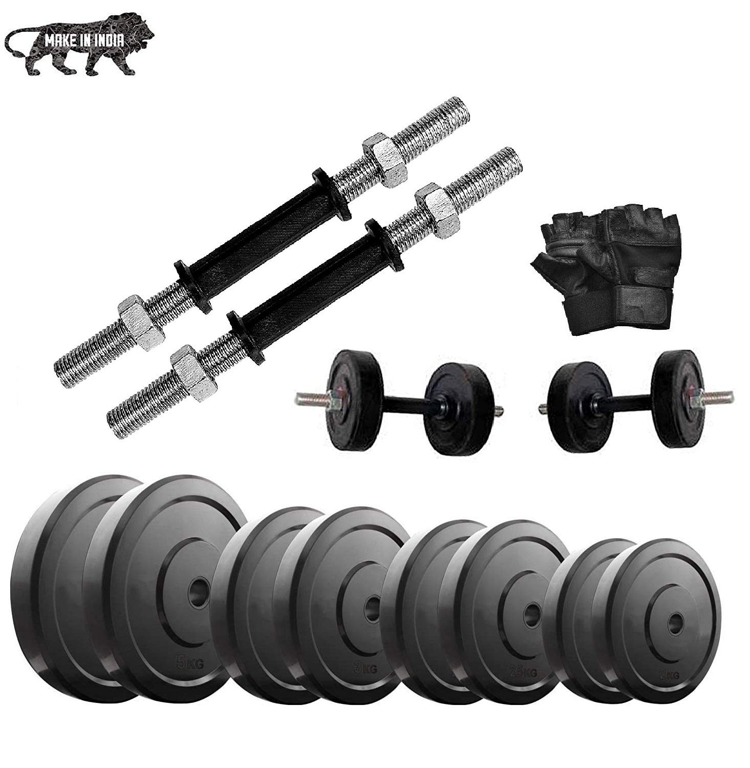beacon international rubber dumbells sets 20 kg exercise set, rubber weight plates, dumbbell rods, gym gloves