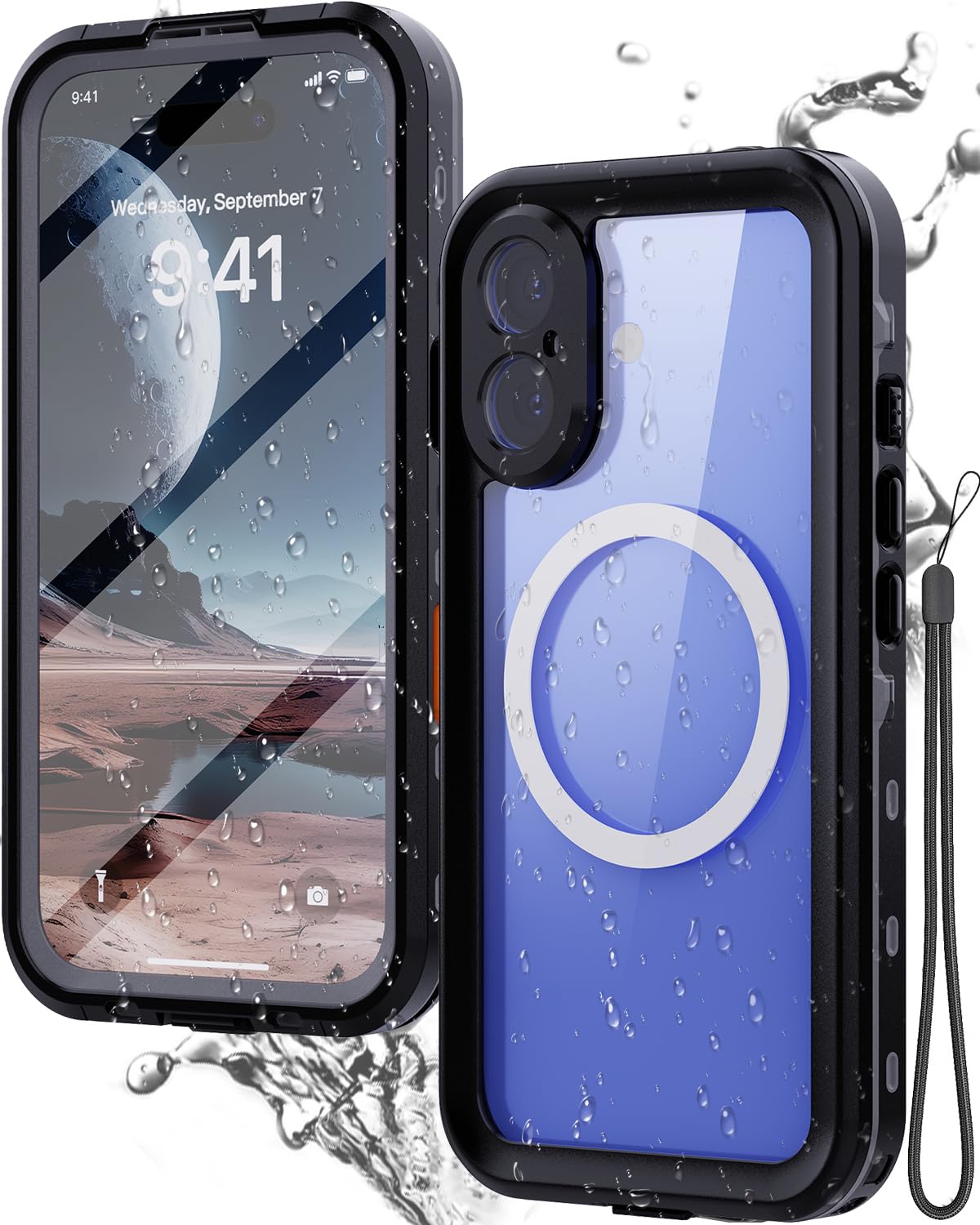 Miimall Magnetic Cover for iPhone16 Waterproof Case with Screen Protector, [Camera Control Button][360 Full Body Protecton] Military Dustproof for Magsafe iPhone16 Phone Case Shockproof, Black/Clear