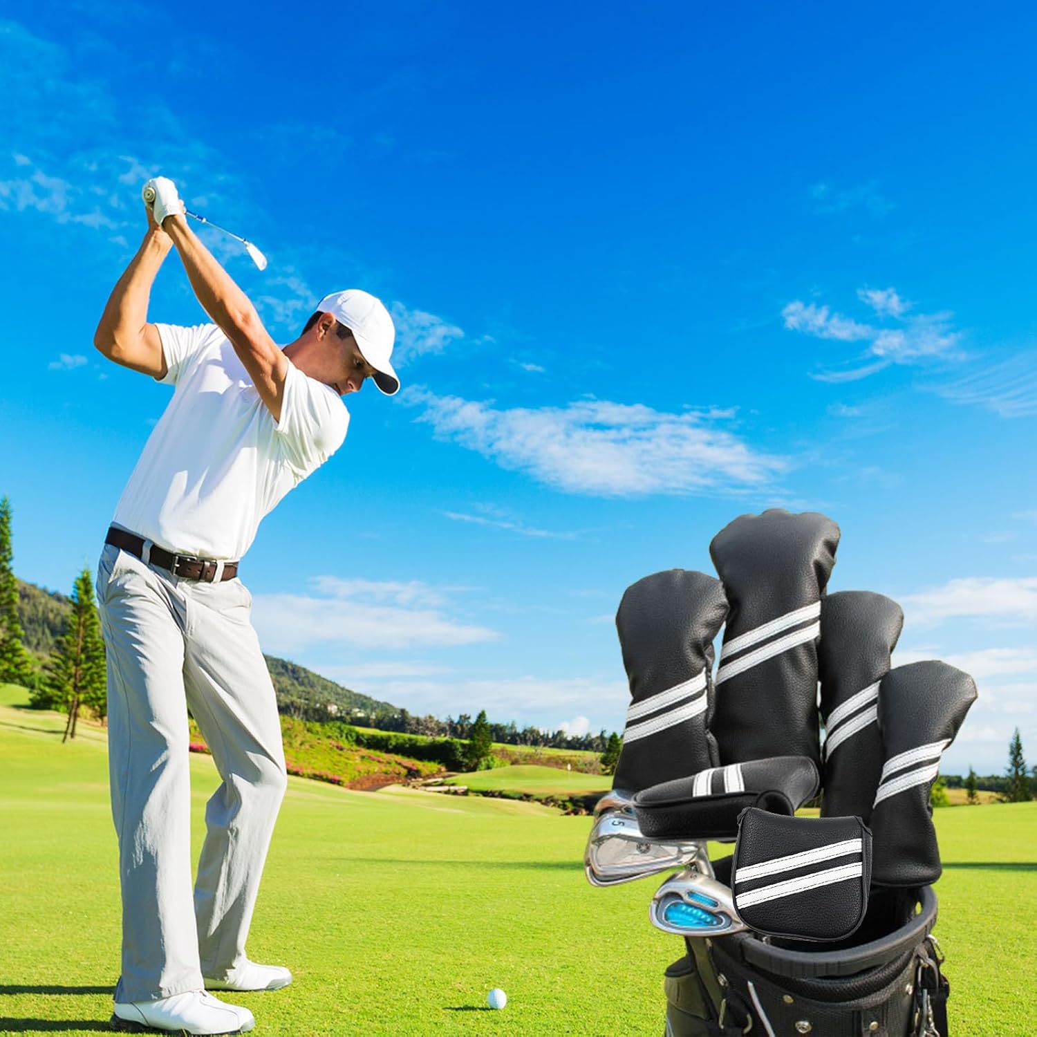 PU Leather Golf Club Head Covers for Driver, Fairway, Hybrid & Putter with Rotating Tags – Black & White Stripes, Golf Club