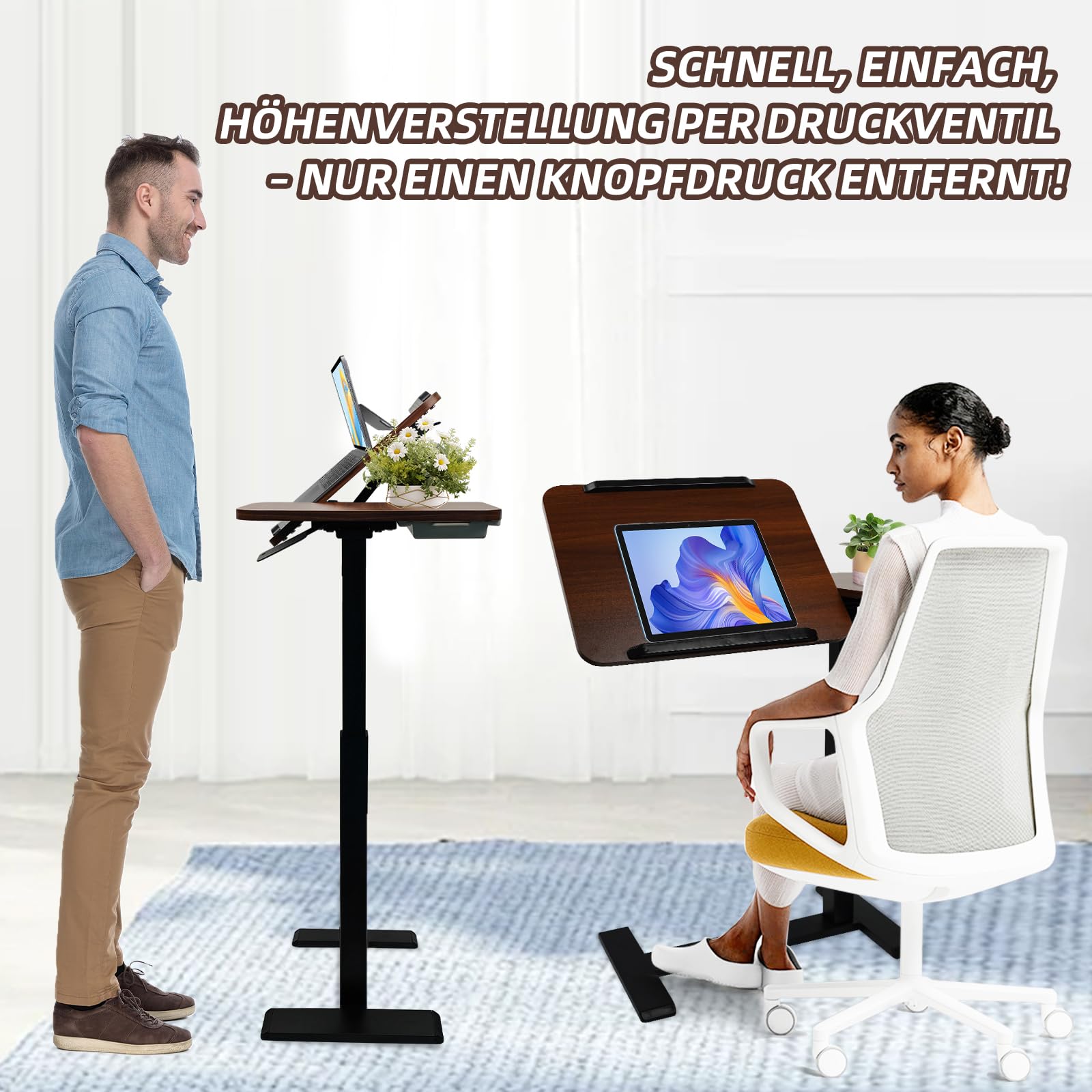 Stolik pomocniczy z regulacją wysokości, stolik pod laptopa z kółkami, brązowy