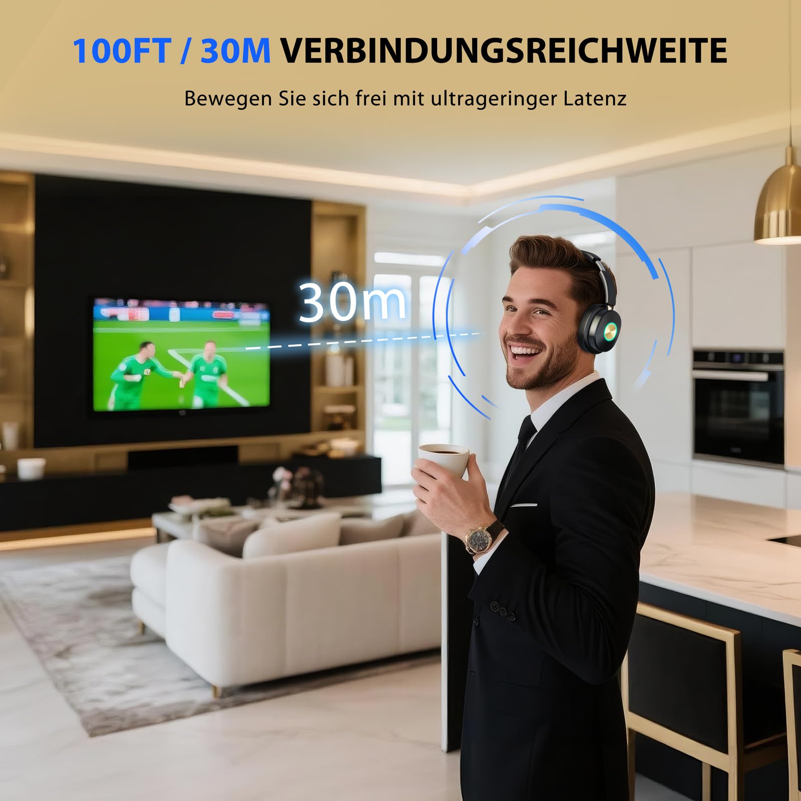 Funkkopfhörer für Fernseher, TV kopfhörer kabellos für Senioren mit Sender-Ladestation Plug-and-play, Bluetooth Kopfhörer mit Optisch/AUX/RCA & Keine Audioverzögerung, Geschenk für Senioren/Eltern