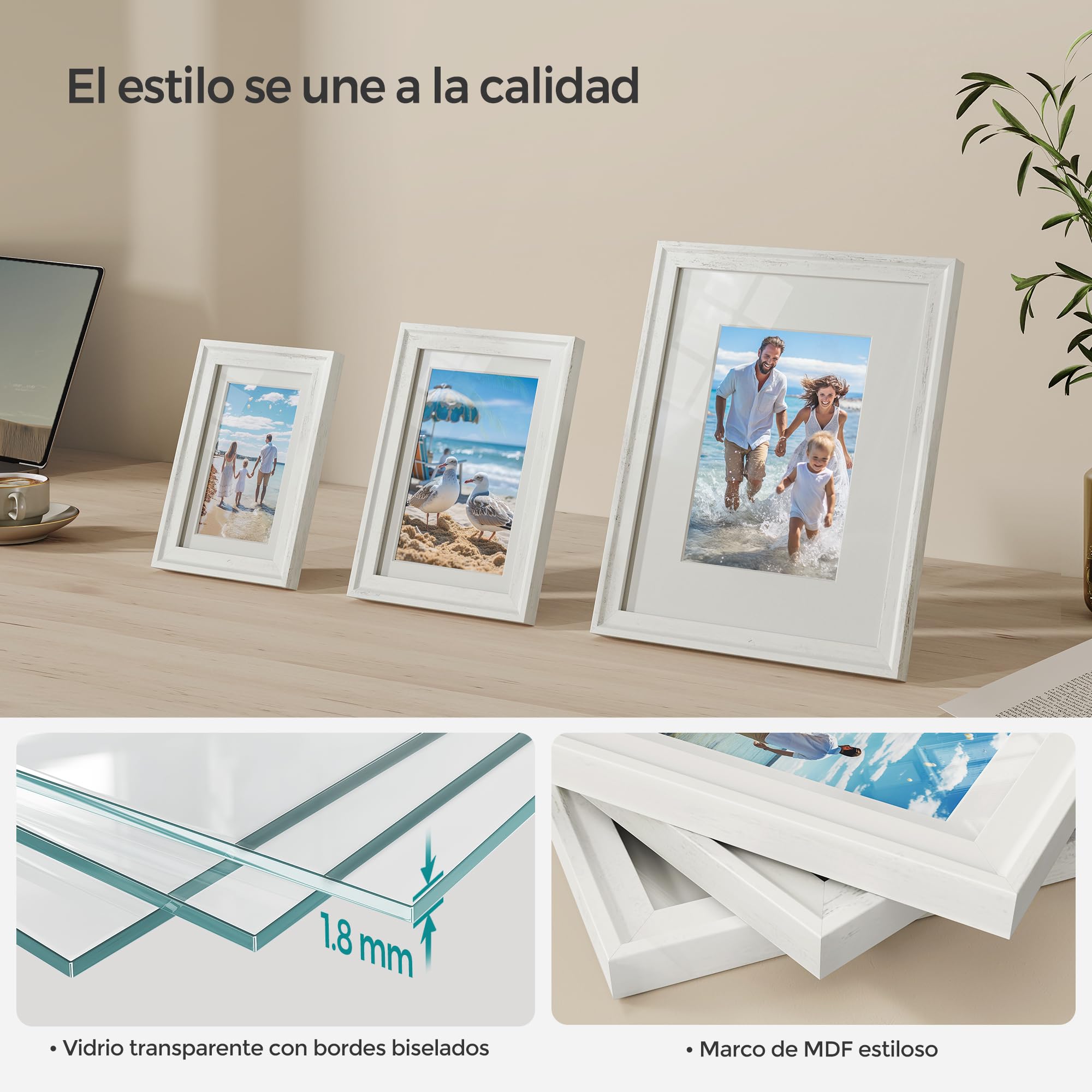 SONGMICS Marcos de Fotos con 16 Alfombrillas, Juego de 10 Marcos de Cuadros, Dos 20x25 cm, Cuatro 13x18 cm, Cuatro 10x15 cm, Colgar o Mostrar, 12 Clavos, Blanco Rústico
