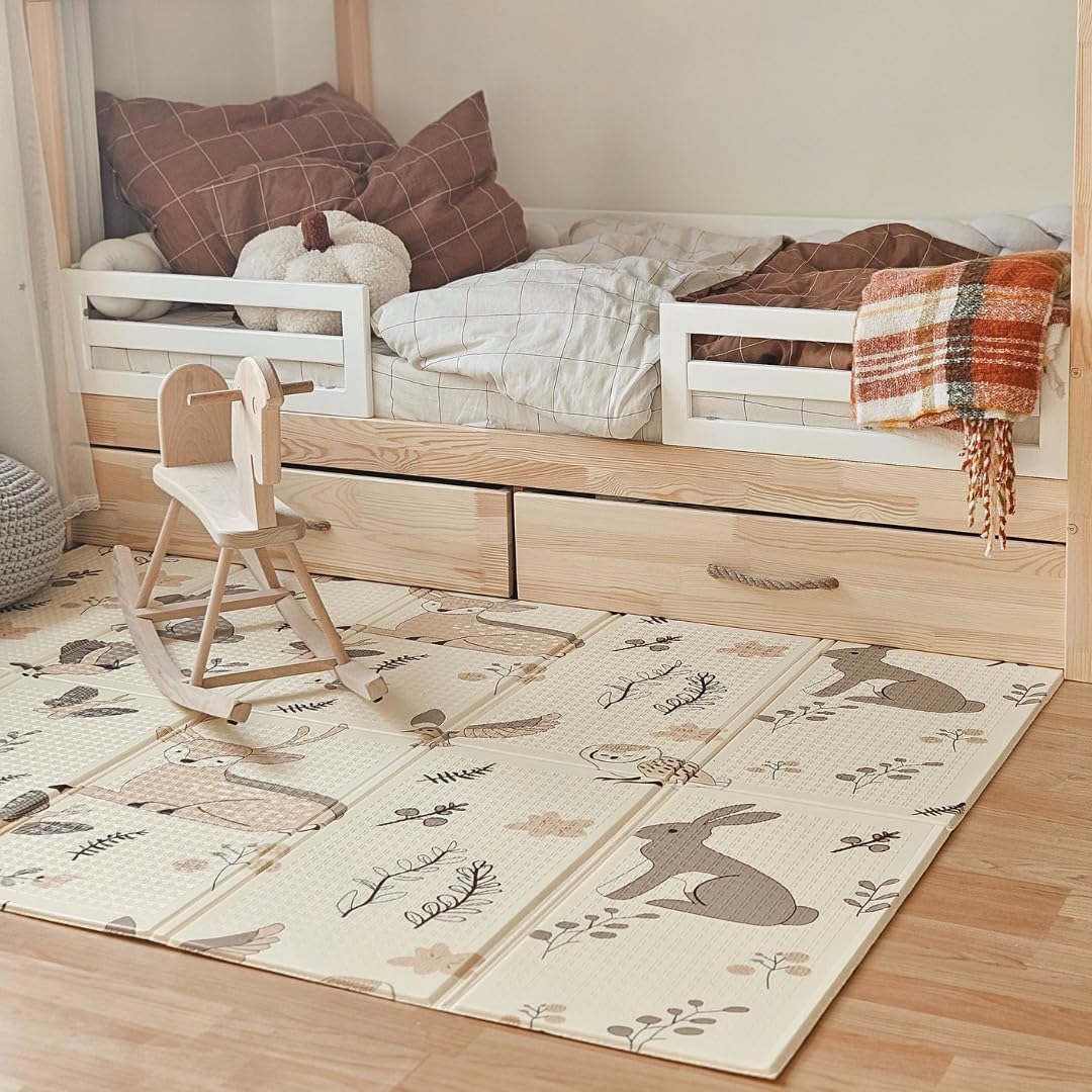 Mamabrum Tapis en mousse pour bébé 180 x 120 x 1 cm, pliable double face, mousse XPE, forêt magique/rues d'automne