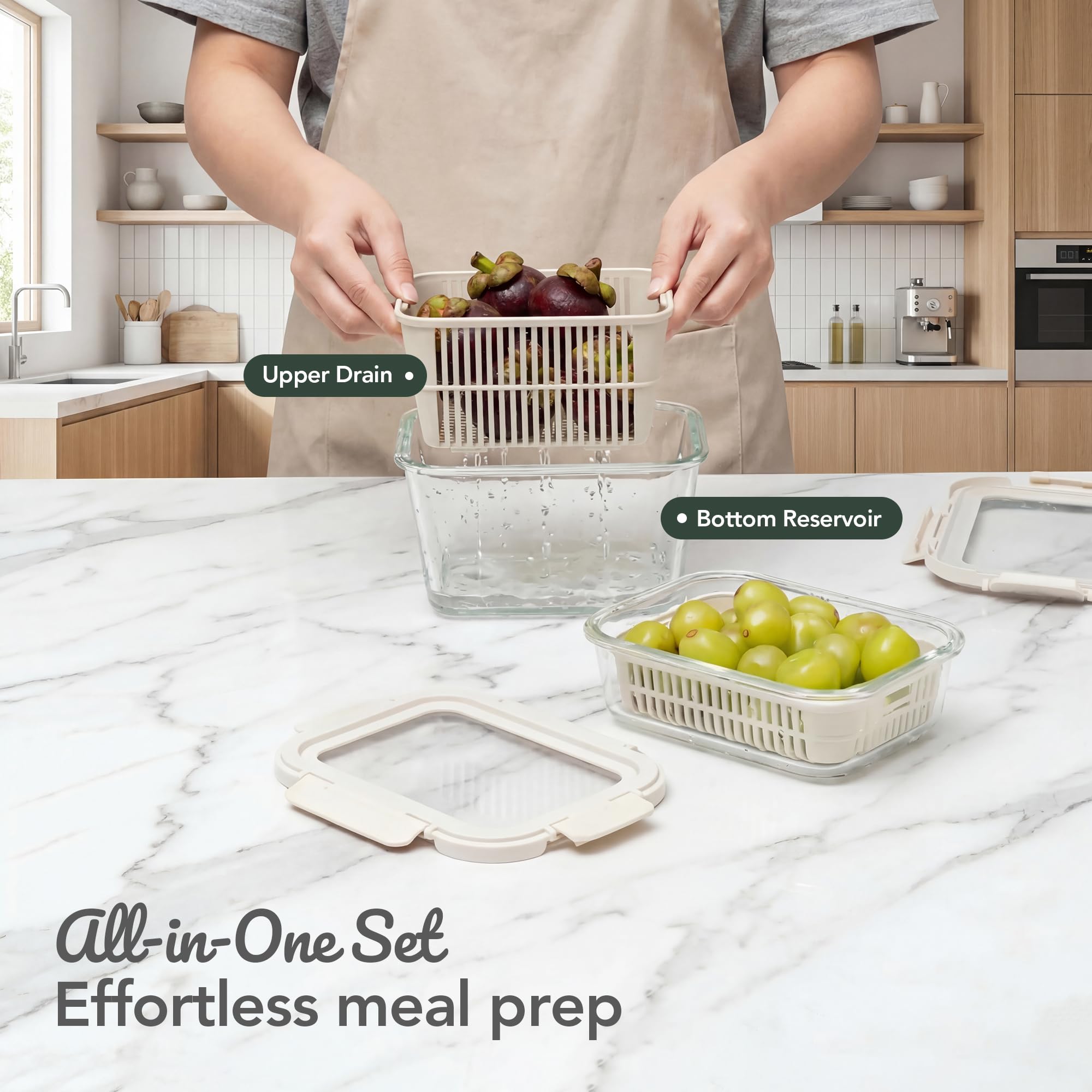 GENICOOK Contenitori in vetro per frigorifero, confezione da 2, contenitori ermetici per frutta e verdura, con scolapasta rimovibile, coperchi flessibili in silicone, a prova di perdite, in vetro