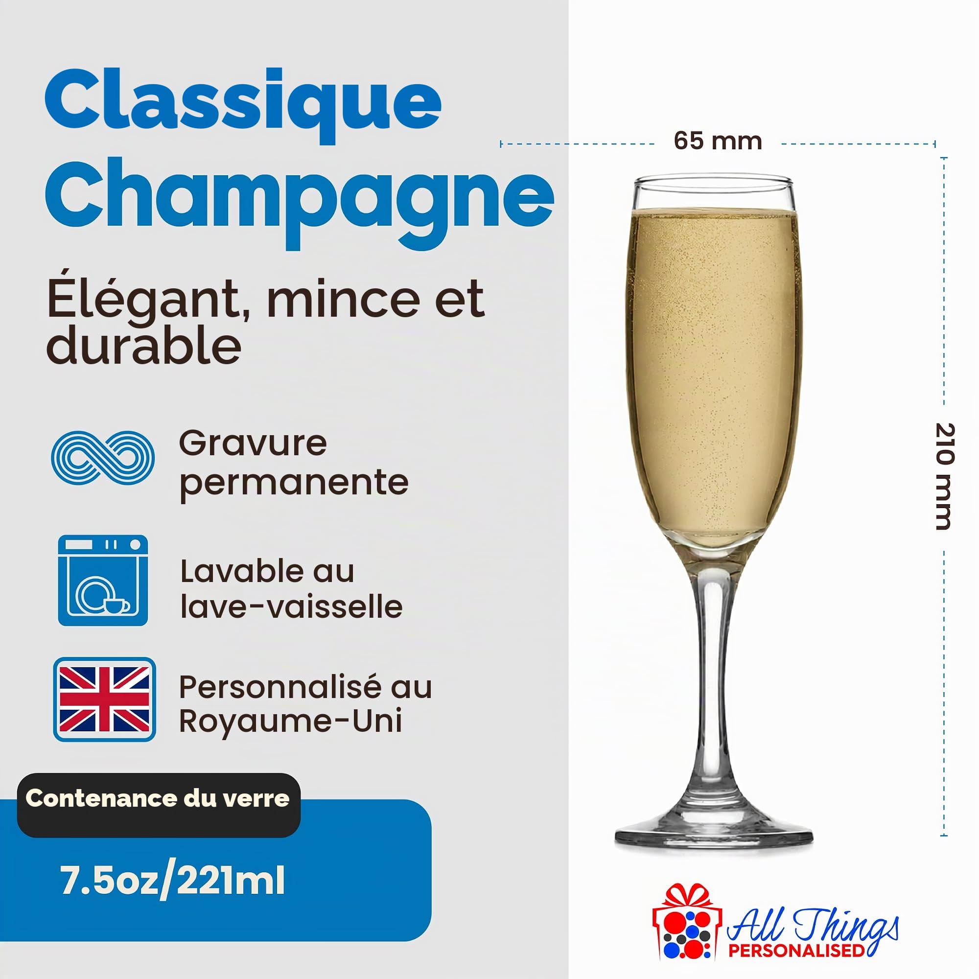 Ensemble de verres à champagne de mariage gravés personnalisés avec n'importe quel message, n'importe quelle date, conception d'alliances, deux verres à champagne personnalisés de 7 oz / 207 ml