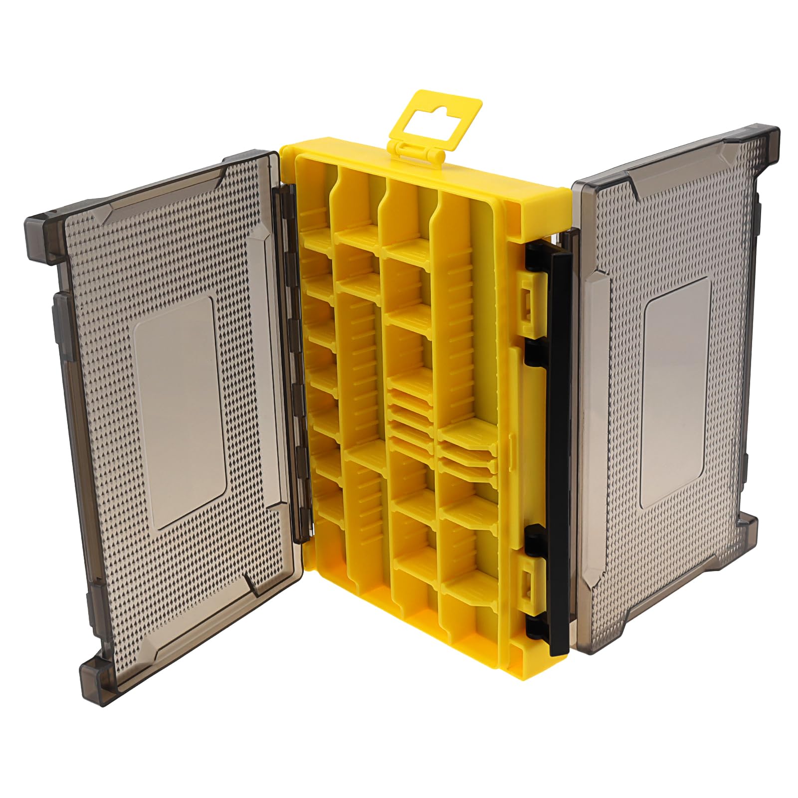 Caja organizadora doble cara para accesorios de pesca, 20,5 x 14,5 x 4,5 cm, con compartimentos y ranuras de esponja, translúcida y resistente al agua