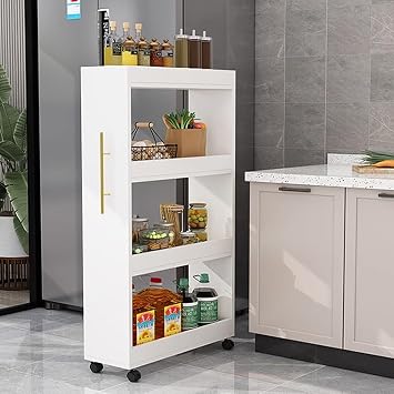 Slim Storage Cart with Handle,4 Tier Narrow Kitchen Rolling Cart on Wheels,Slide Out Storage Rolling Utility Cart for Kitchen Laundry Narrow Places,White,60x15x120cm