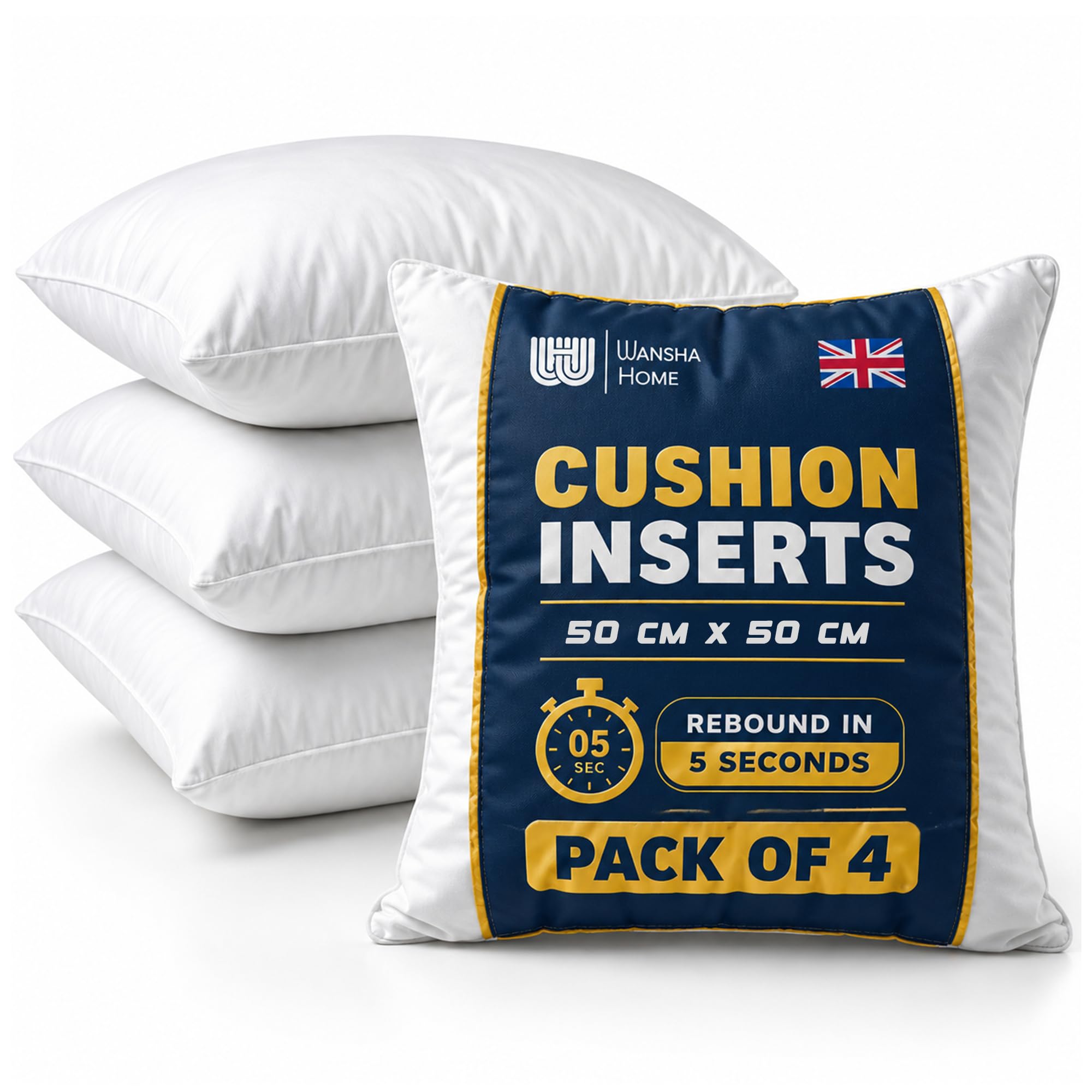 WANSHA HOME Cushion Inserts Cushion Pads 20 x 20 inches Cushion Inner - Pack of 4 (50 x 50 cm) White Hollowfibre Square Cushions Stuffer Inserts, Bed Sofa Couch Pillows