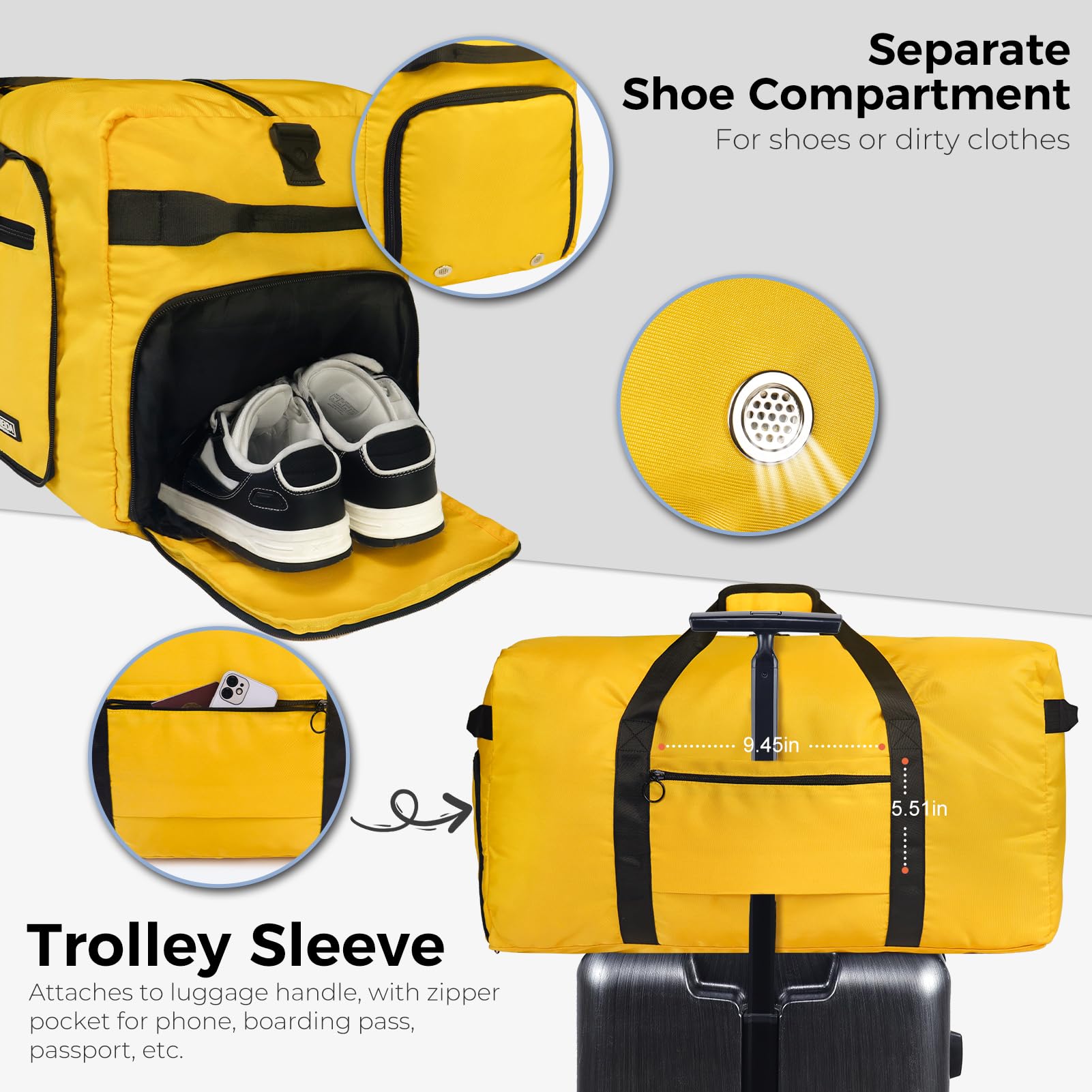 Fmeida 65L Borsone da Viaggio Unisex Adulto, Grande Borsone Palestra con Scomparto per Scarpe e Tracolla, Impermeabile Duffel Bag Borsa Sportivo