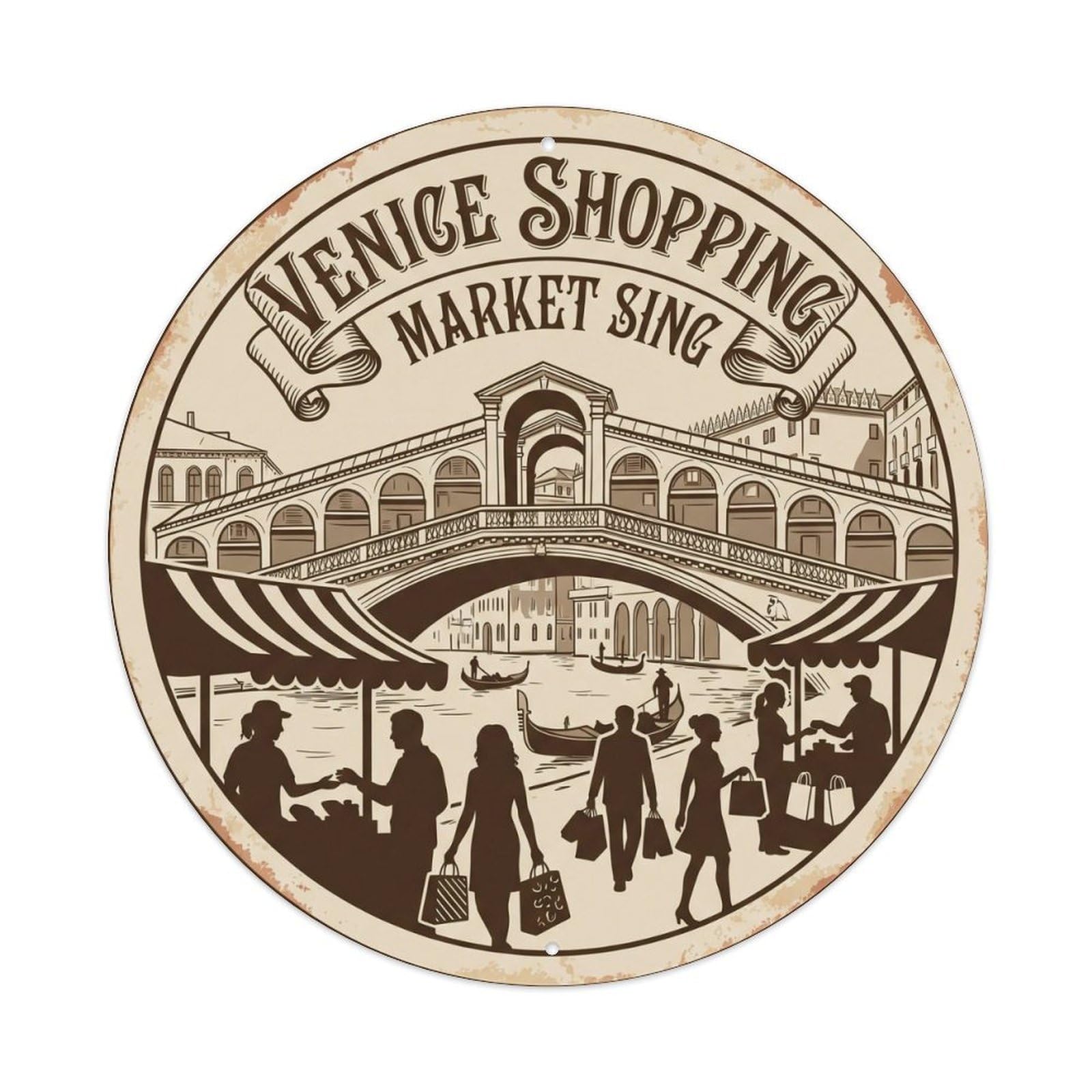Italian Venice Market Waterway Travel Classic Heritage Metal Tin Sign Plaque Wall Decor for Cafe, Man Cave, Club Bar, Office, Home Garden Round Metal Poster 8x8Inch