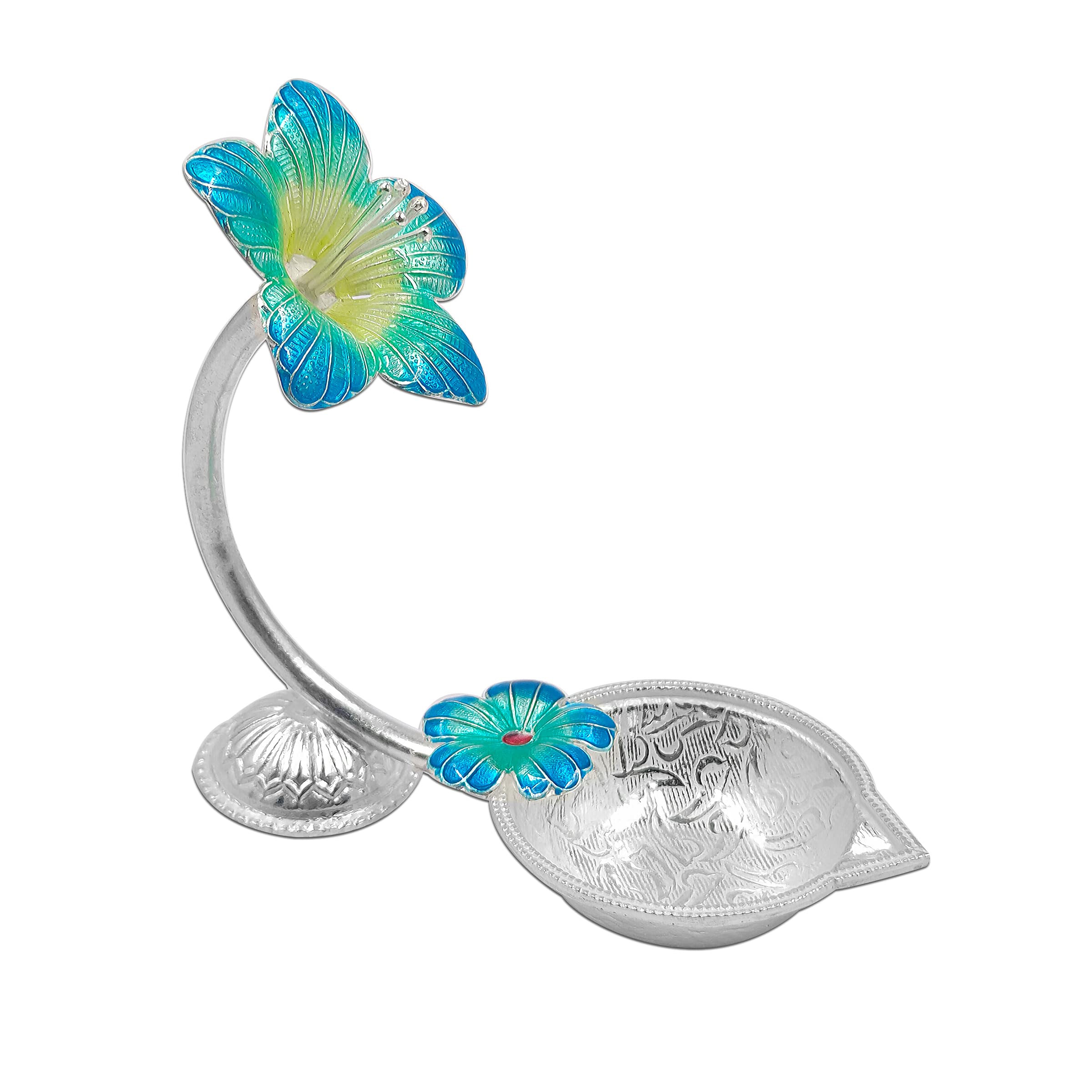 MAA SILVERPure Silver Diya/Lamp/Deepak/Deep with Hibiscus/Jaswanti Flower Design Perfect for Gift and Pooja Use (65% Purity) (Blue, 27)
