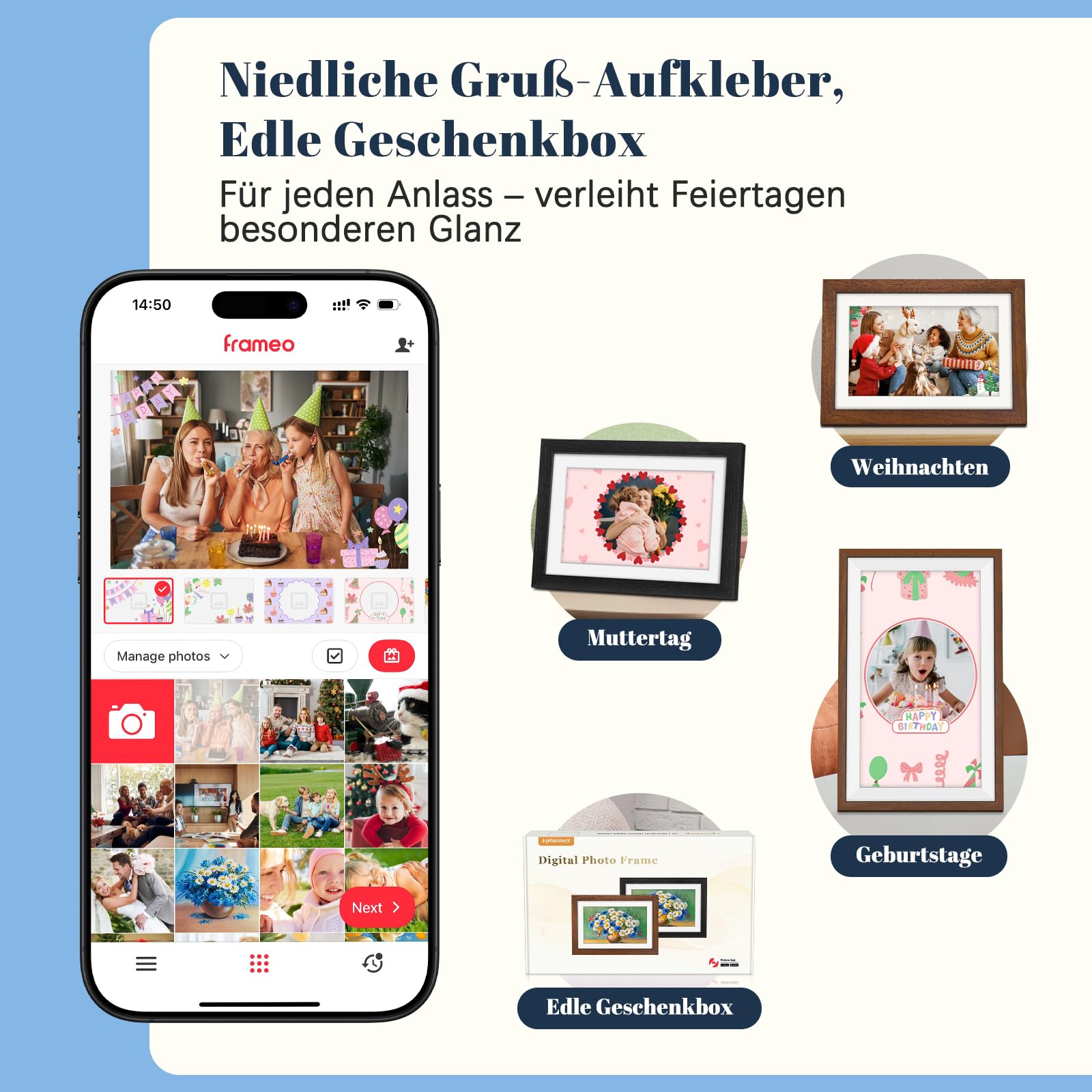 Frameo Digitaler Bilderrahmen WLAN 10.1 Zoll Walnussholz Elektronischer Bilderrahmen mit 32GB, 1280 * 800 HD IPS Touchscreen, Fotos/Videos Teilen über Frameo APP, Geschenk für Männer und Frauen