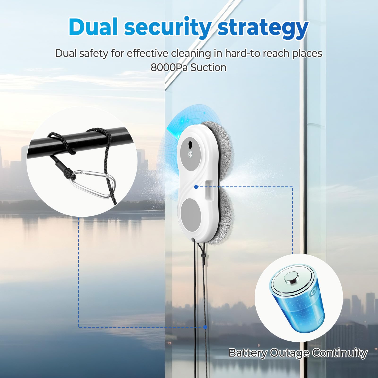 Robot Nettoyeur Vitre, 8000 Pa Robot Laveur de Vitre Automatique avec Double Pulvérisation D'eau, Télécommande, Système de Sécurité, Navigation Intelligente, Détection de Bords, pour Surfaces Lisses