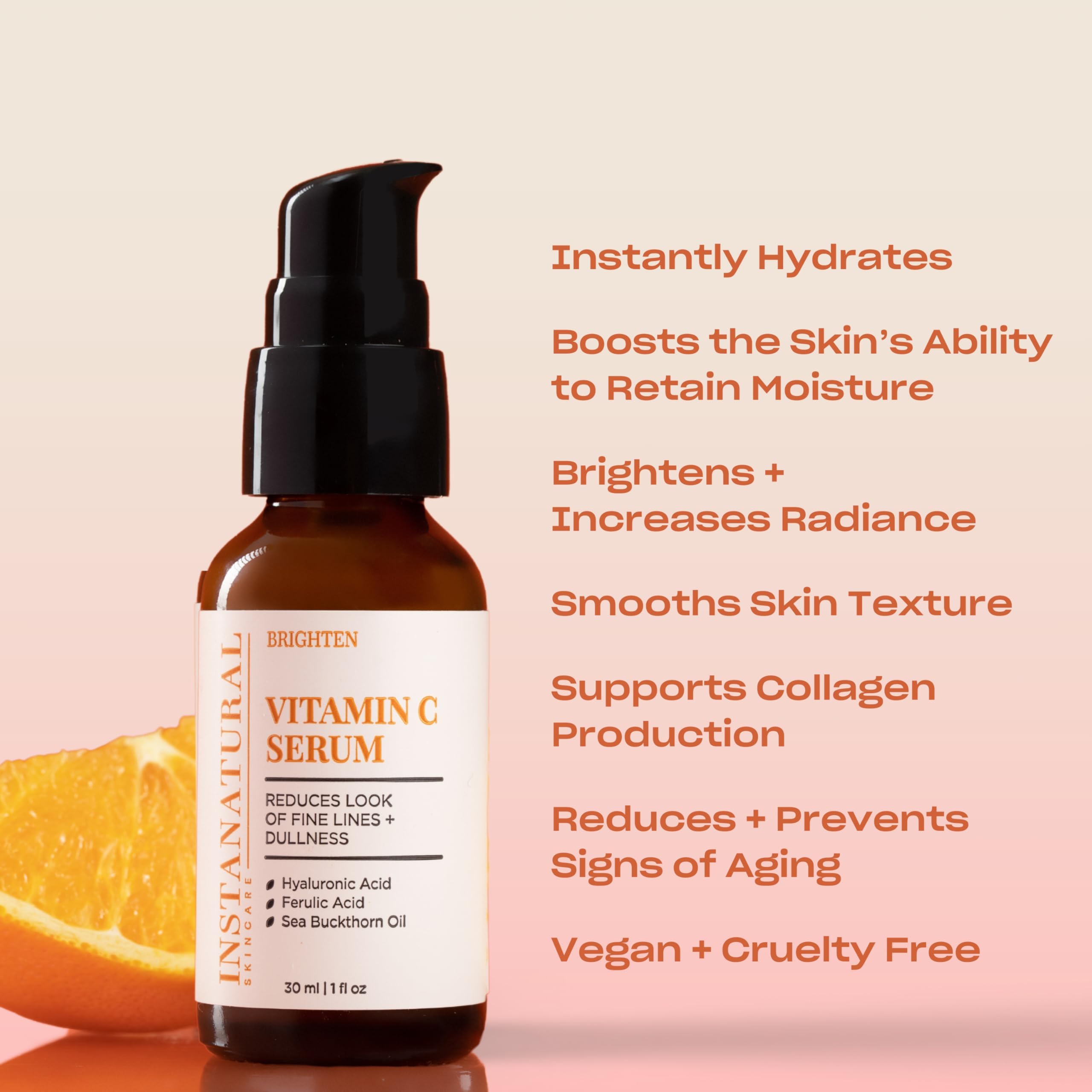 InstaNatural Siero per Viso alla Vitamina C – Il Siero per Viso Anti-Età alla Vitamina C & Acido Ialuronico Più Efficace – Con Olio di Argan & di Rosa Canina Naturale, Vitamina E, Acido Ferulico & Olio di Olivello Spinoso – 30 ml