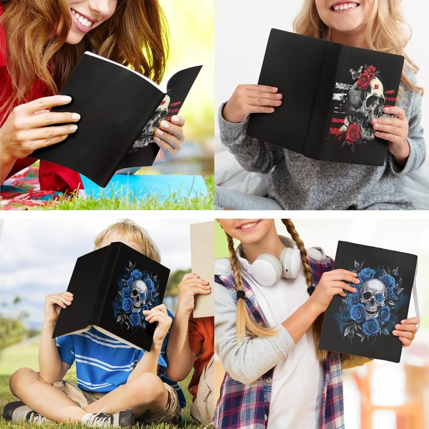 Rnyleeg Skull Book Covers for Hardcover Set of 6 Stretchable Book Sleeve for Women Teen Girls Washable Book Protector Fabric for Textbooks Novels Journals up to 9 X 11 Inch