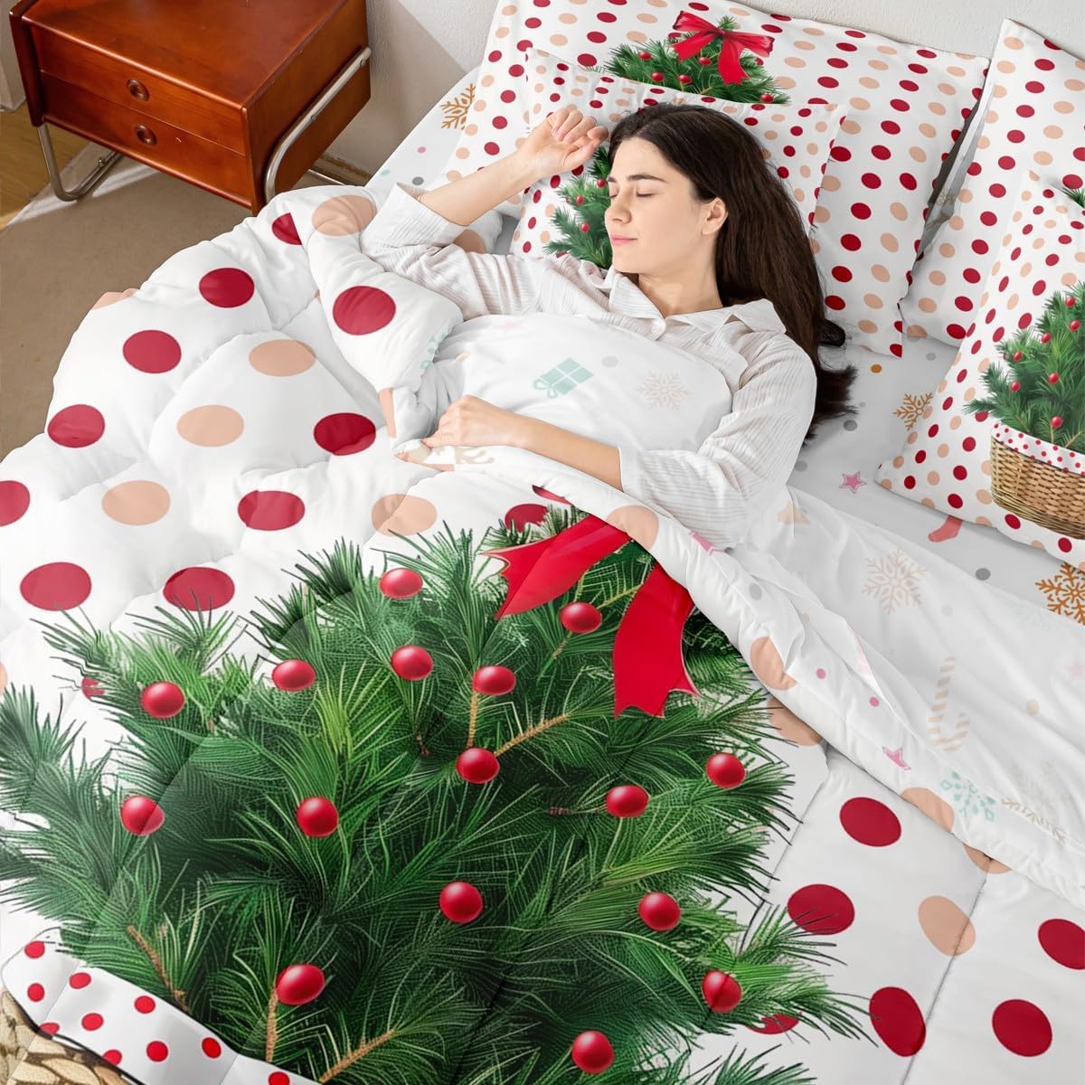 Erosebridal Christmas Tree Queen Comforter Set Polka Dot Bed in a Bag with Flat and Fitted Sheet Cute Xmas Ornaments 7-Piece Bedding Set Christmas Ornaments Quilt Duvet Sets