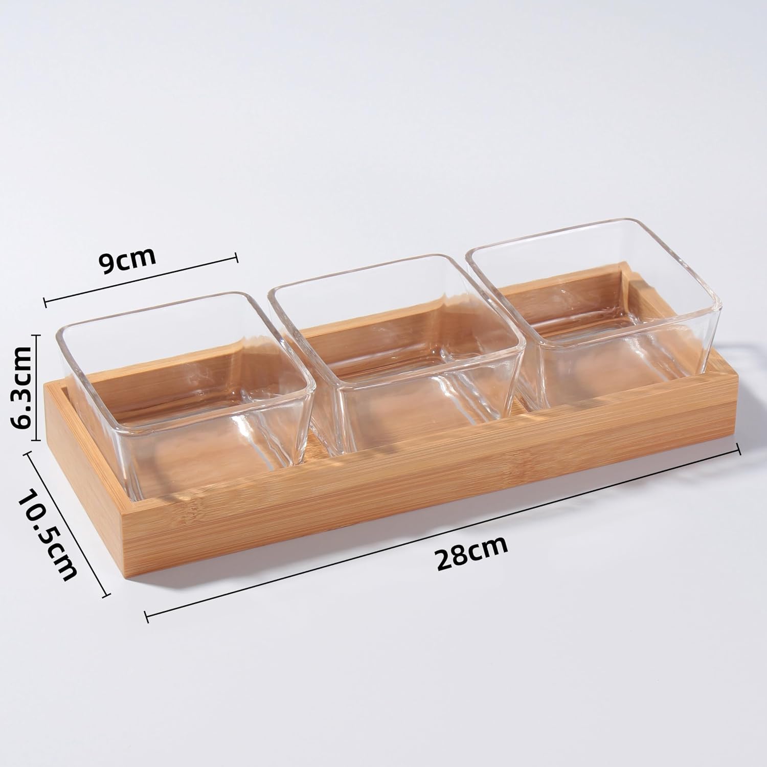 Snackle Box Container Chip and Dip Bowls With Serving Tray, 3 Glass Square Sauce Cups Dip Bowls, Small Fruit Platter Side Dishes for Party Entertaining Appetizer Dessert Salsa Side Dishes(THREE)