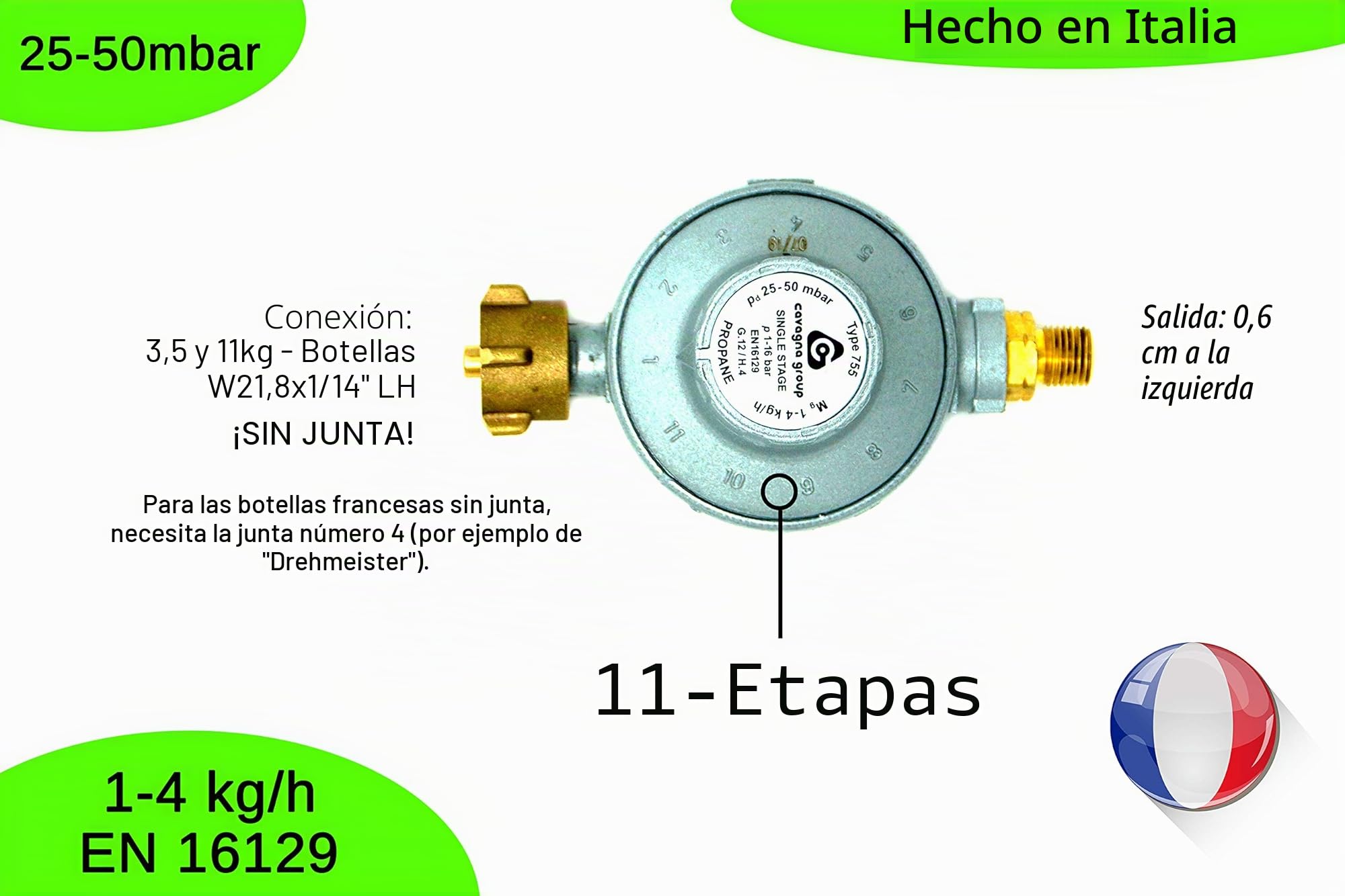 CAVAGNA Regulador de Baja presión 25-50mbar Regulador de presión de Gas Ajustable de 11 etapas para Parrilla de Gas, Calentador Radiante, Calentador Radiante para terraza, Olla