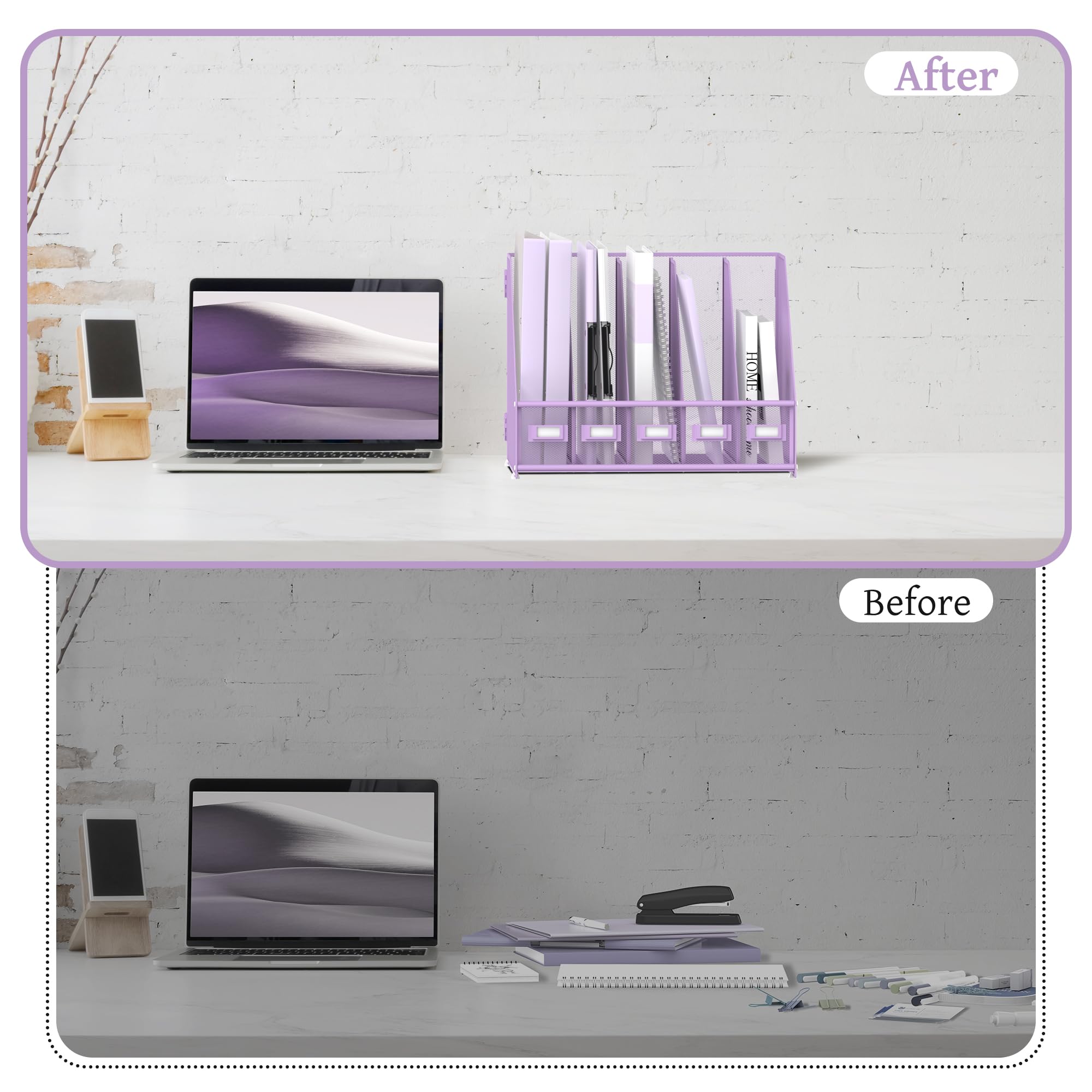 SUPEASY Organizer da scrivania in metallo con 5 scomparti verticali, organizer per documenti, per scrivania da ufficio, spazio di lavoro domestico, viola