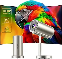 Basike Mini Projetor Portatil, 4K 1080P Full HD, 5G WIFI 6 BT 5.0 Android 11, 12000 Lumens, Led Auto de Correcção Trapezóide Horizontal, 90°Girável Ajuste Telescópico de Altura (Ouro Champagen)