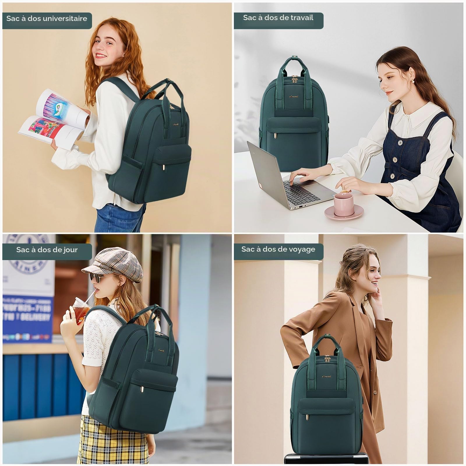 LOVEVOOK Sac à dos pour femme avec compartiment pour ordinateur portable - Étanche - Sac à dos de voyage élégant - Pour l'université, le bureau, les voyages, Vert foncé, 15.6 inches, Décontracté