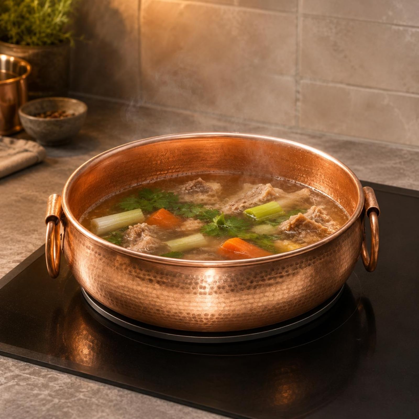 Marmite en Cuivre Casserole Chaudron Soupe à Induction avec Poignées Opposées et Finition Polie Grande Ouverture pour Accès aux Ingrédients, color to 3, 28cm