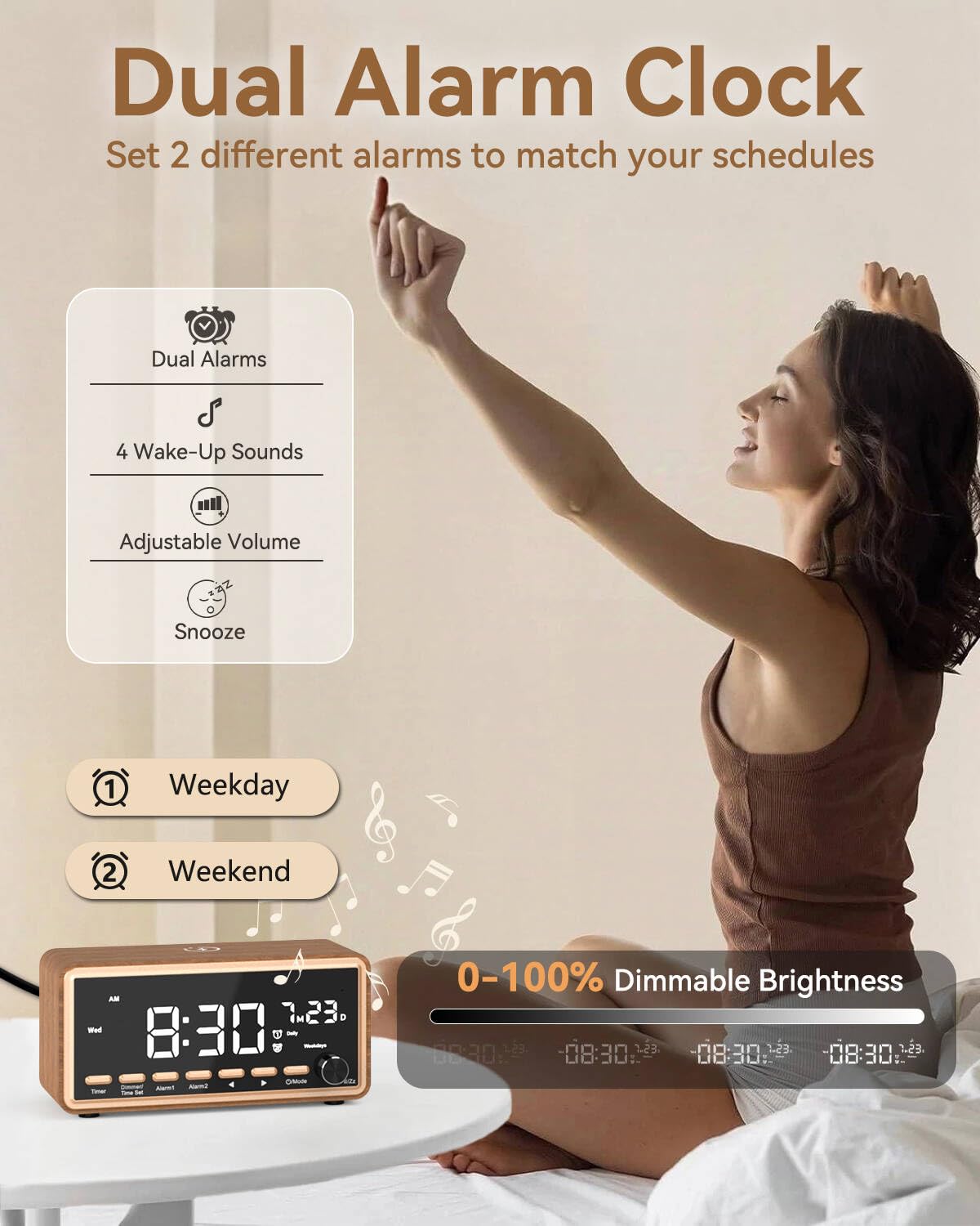 WamGra Radio Réveil Numérique, Chargeur sans Fil, Enceinte Bluetooth FM | Vintage Réveil Matin en Bois, Double Alarme, Machine Bruit Blanc Adulte Bébé, Idée Cadeau Homme Femme Père Anniversaire
