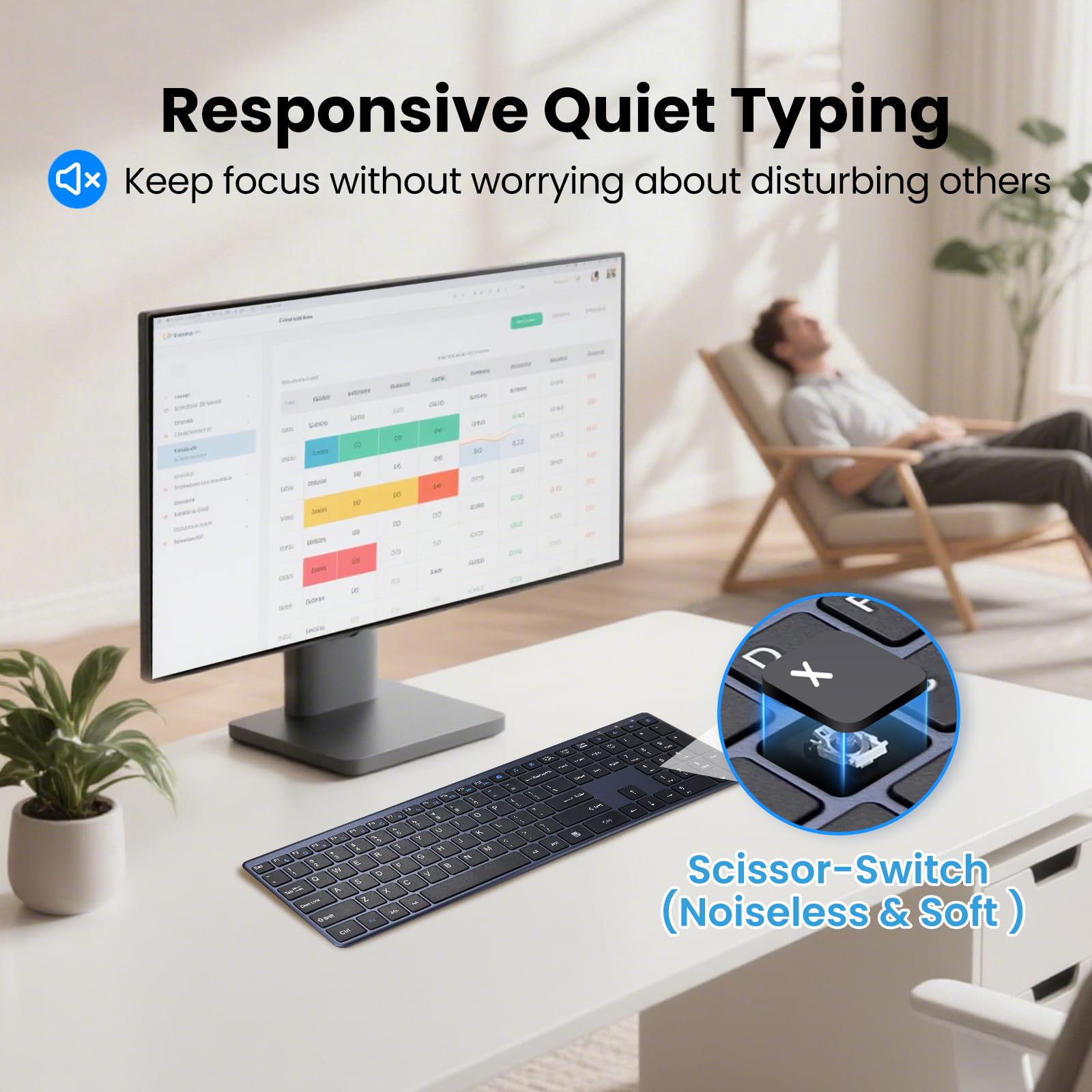 Tastiera wireless 2,4 G ultra sottile e silenziosa, tastiera USB per PC, 19 tasti multimediali, tastierino numerico, plug & play, Ergo senza ritardi, lunga durata della batteria per desktop, laptop